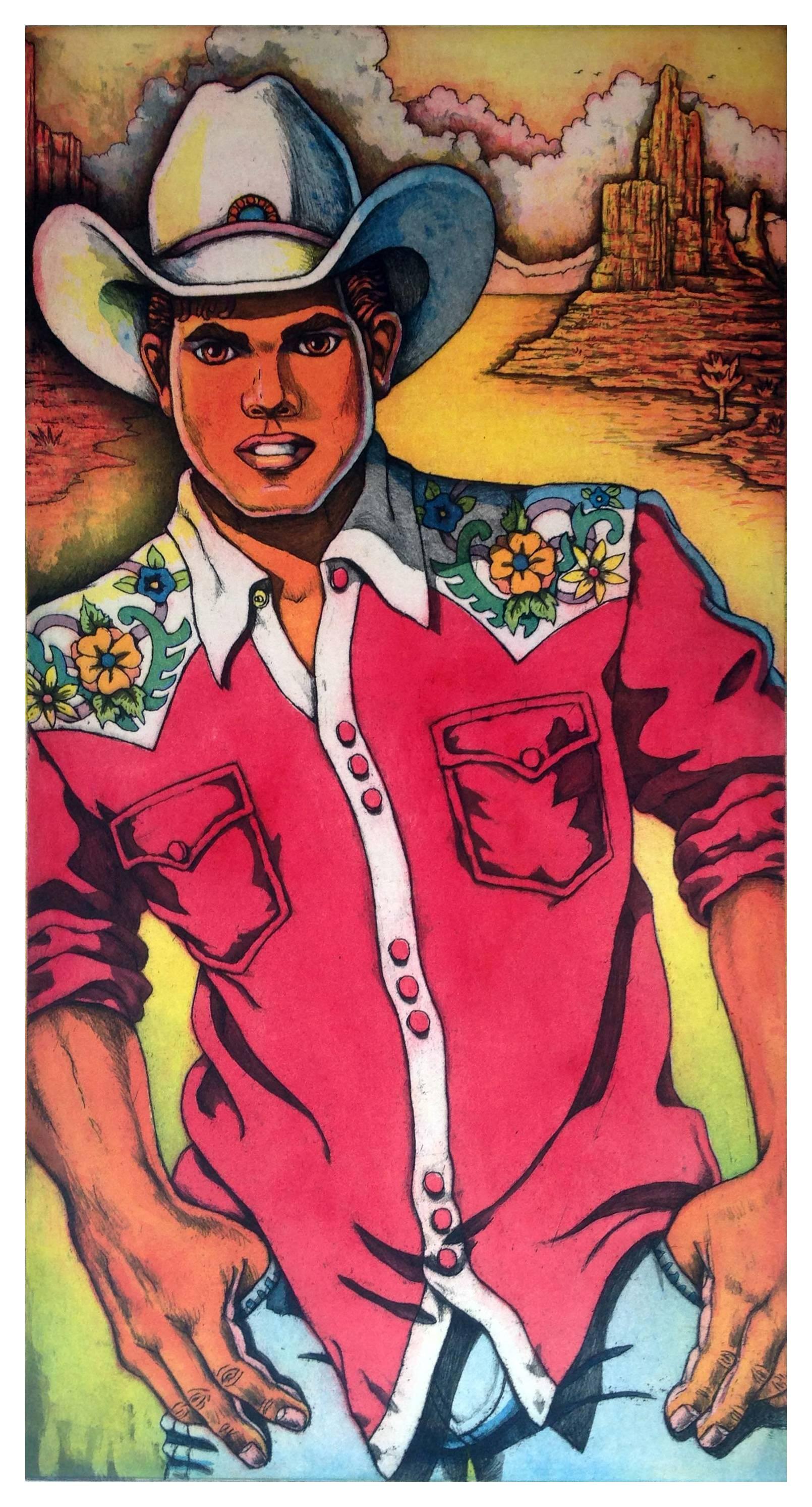 Xavier Viramontes Figurative Print - Saturday Night Cowboy