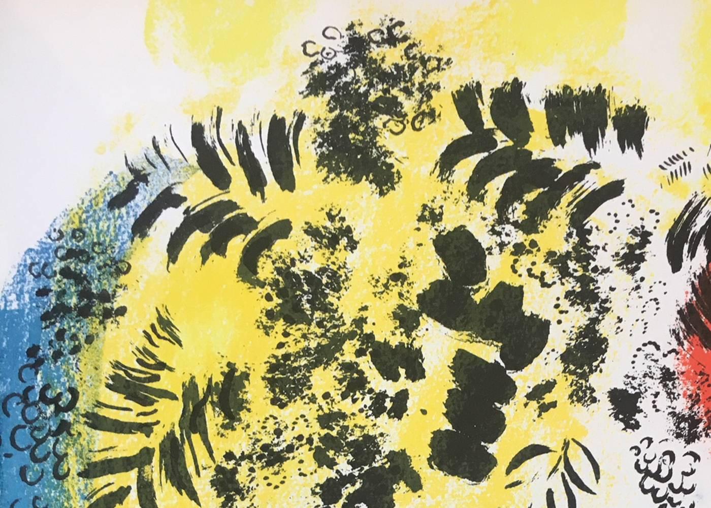 Verlobungsliebhaber mit roter Sonne – Print von Marc Chagall