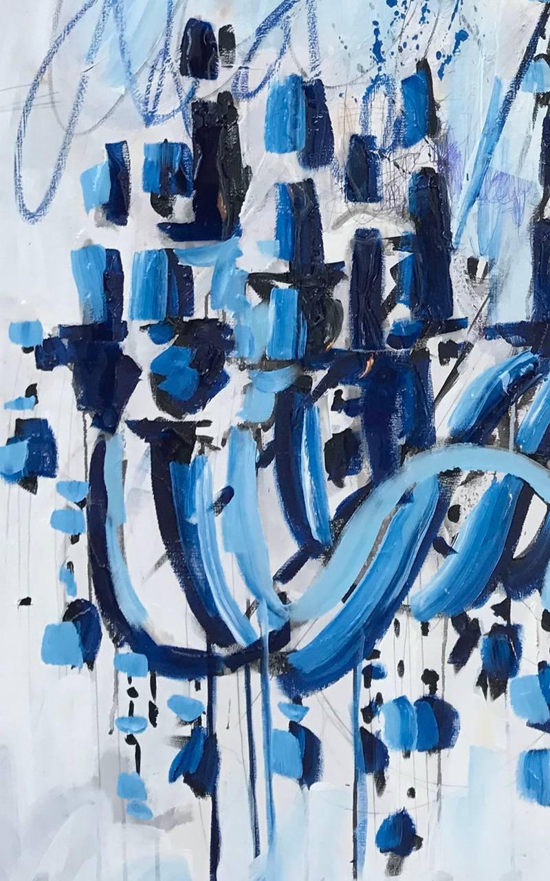 "Lighthearted" by Ash Almonte is a mixed media piece measuring 48 inches by 48 inches square.  This abstracted chandelier painted by various shades of blue features Almonte's signature style and was created in 2017.

 Contemporary abstract