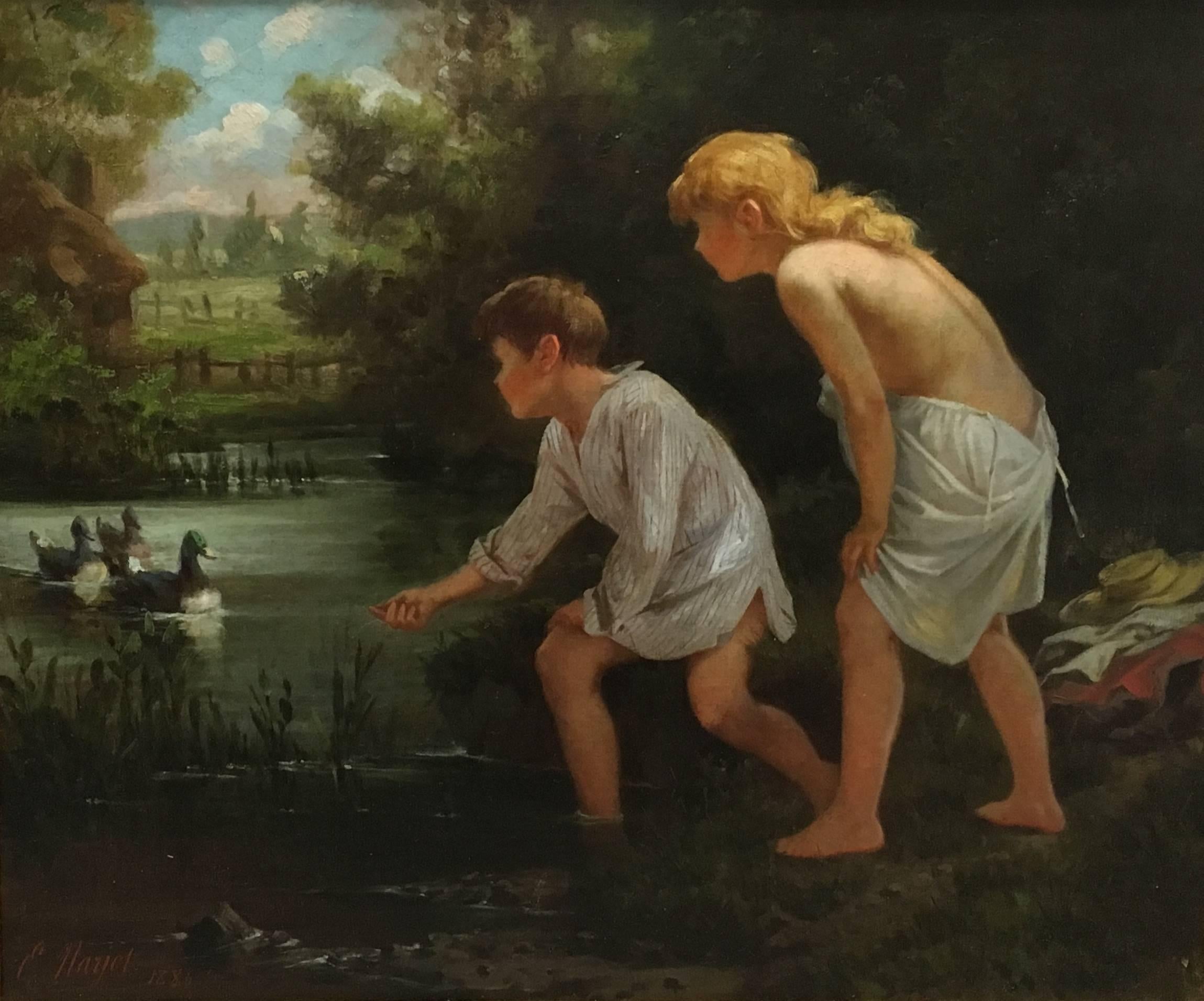 Ernest Narjot Landscape Painting - Two Children Feeding Ducks in a Pond