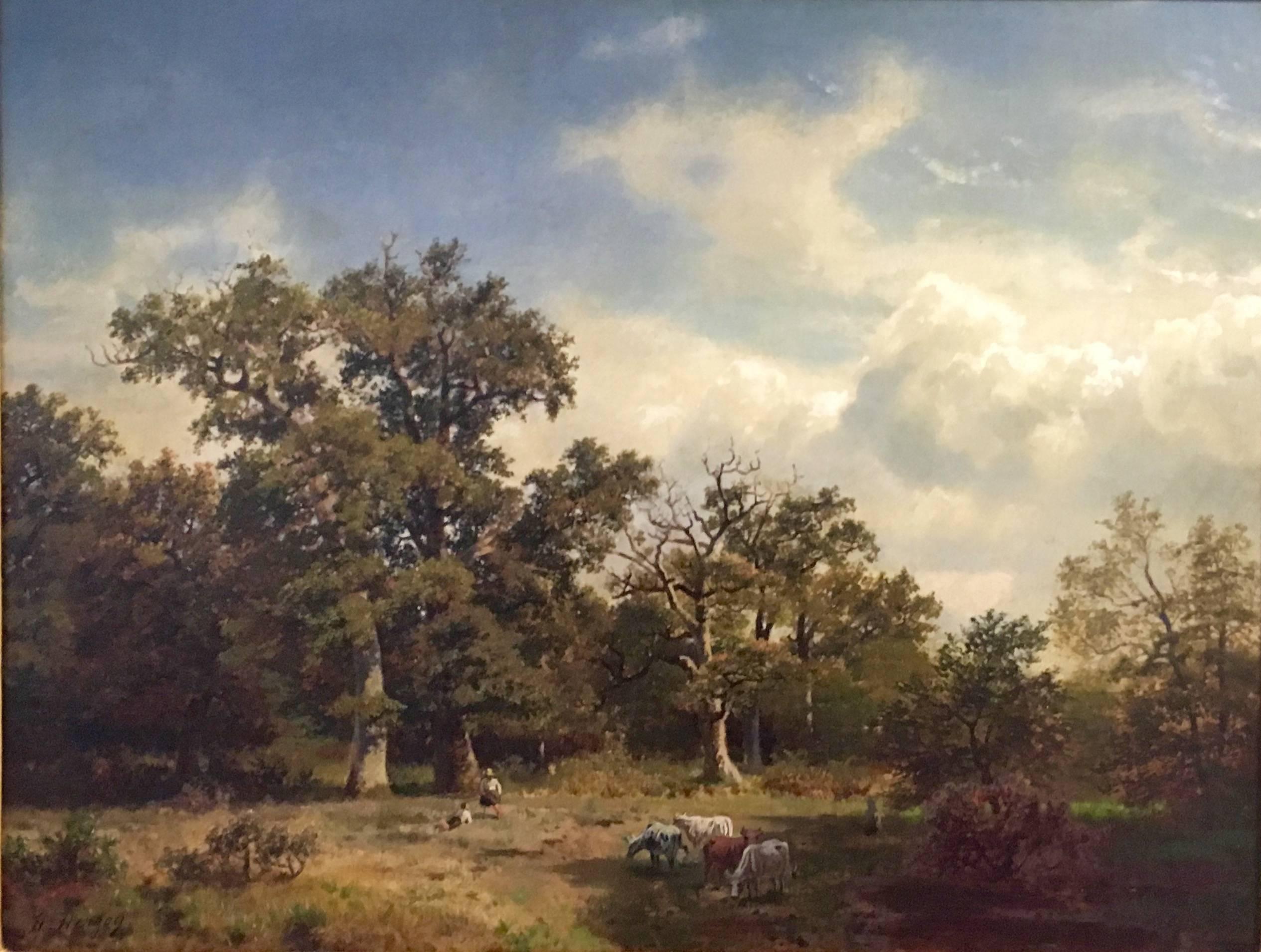 Unknown Landscape Painting - Wooded Landscape with Cows, follower of Hermann Herzog