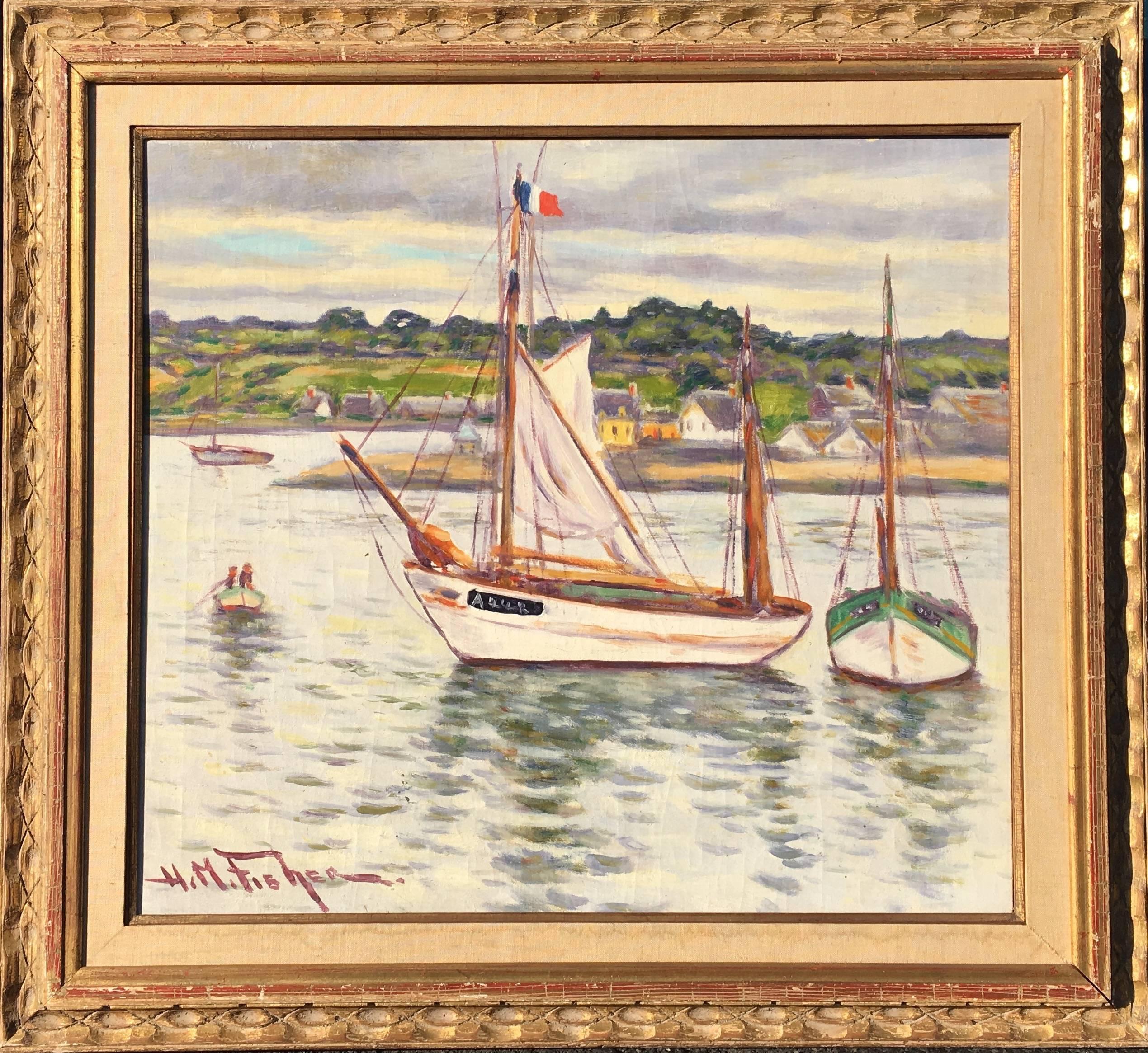 Hugo Melville Fisher Landscape Painting - Harbor Scene with Boats