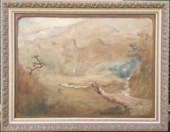 Antique Western Landscape with Waterfall, Figure and Stream