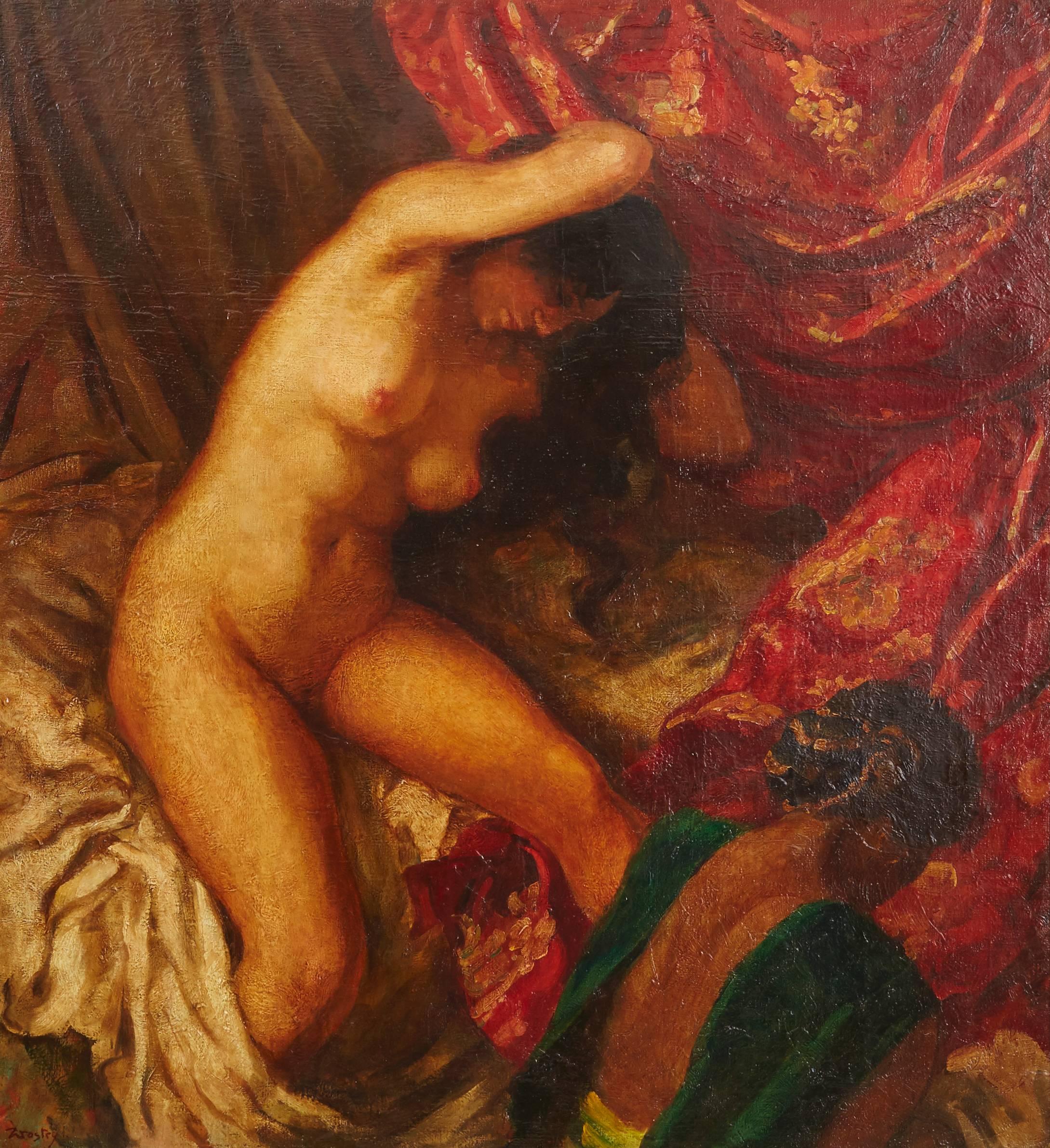 Carlo Wostry Nude Painting - Nude, Grooming in First Light