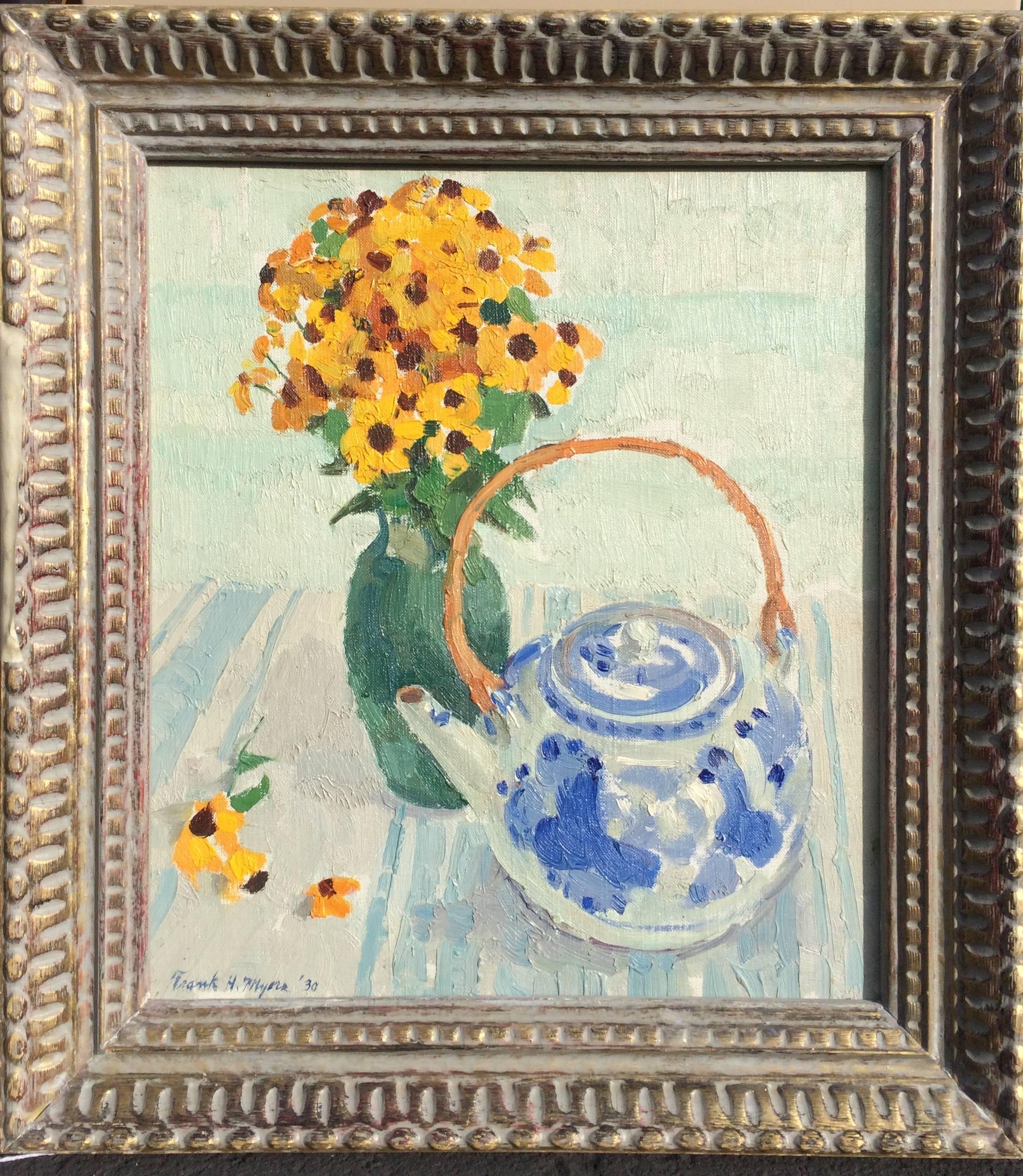 FRANK MYERS Still-Life Painting - Black Eyed Susans with Teapot