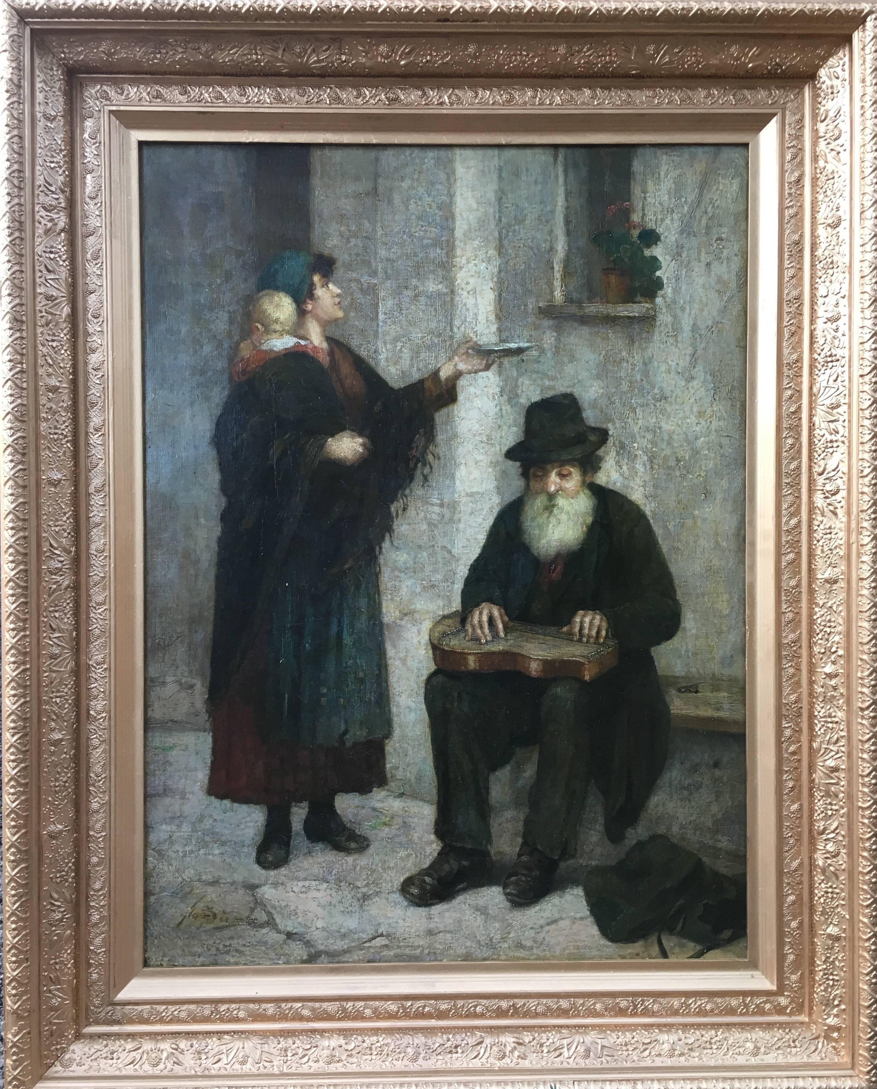 Josef Süss Figurative Painting - Woman, Child and Begging Bowl, Seated Jewish man with Instrument