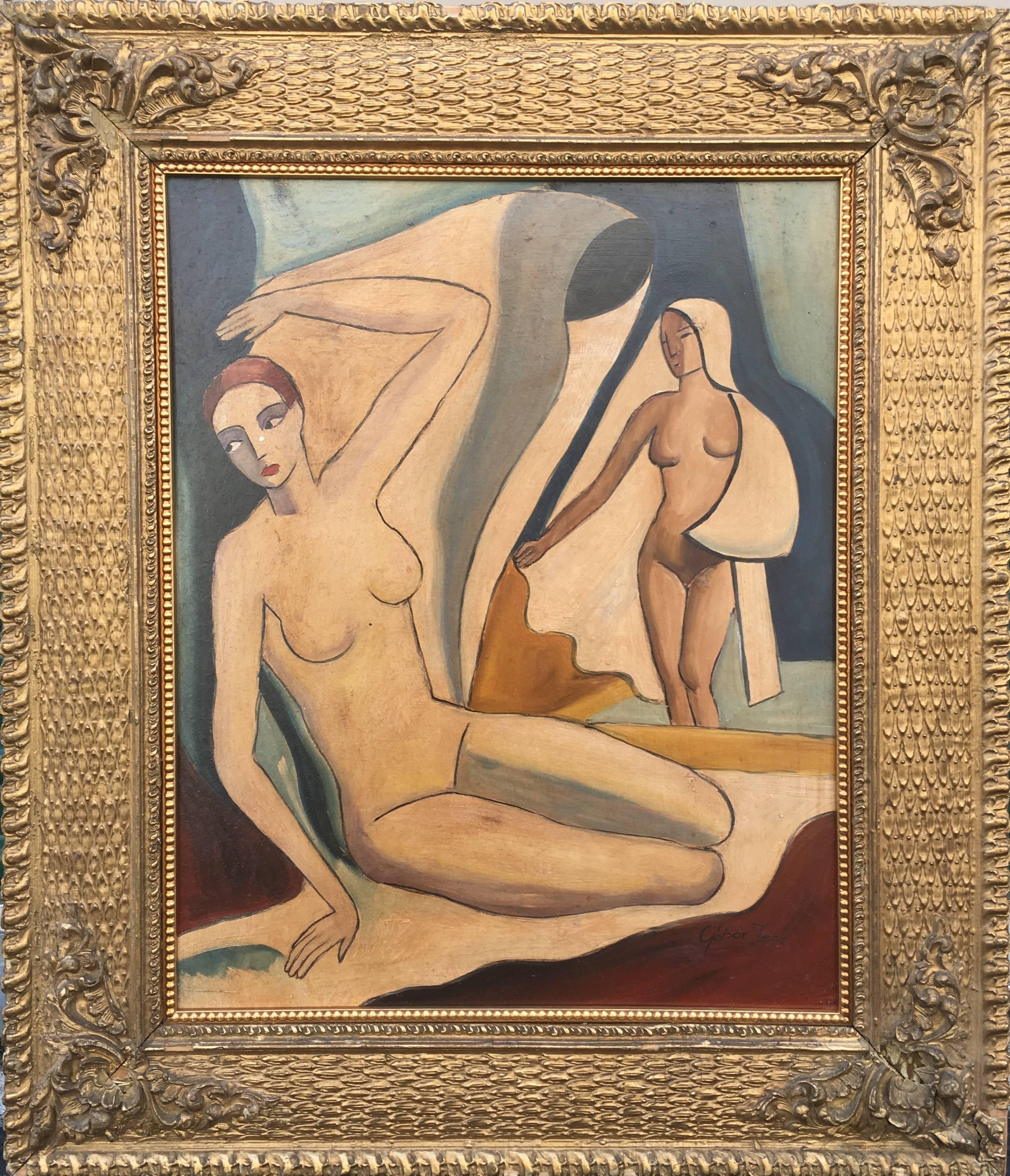 Jeno Gabor Nude Painting - Two Nudes, One Seated, One Standing