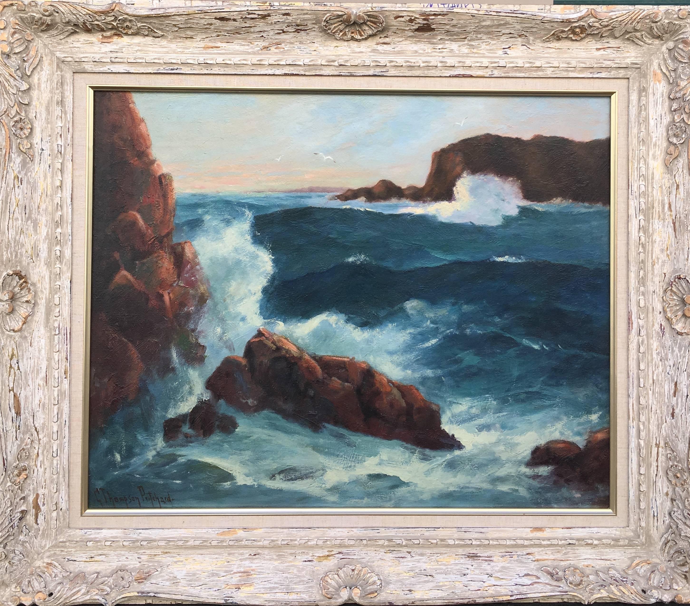 George Thompson Pritchard Landscape Painting - Seascape, Crashing Waves and Seagulls