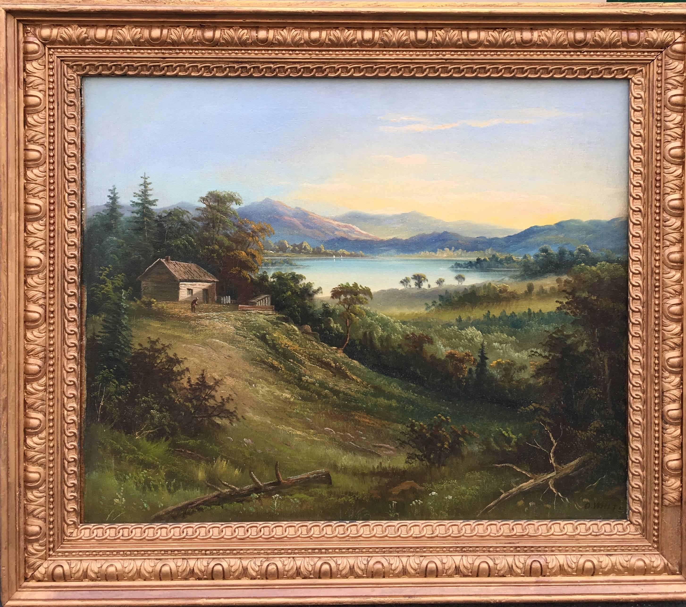 Octavius White Landscape Painting - Canadian Landscape with Log Cabin and Frontiersmen