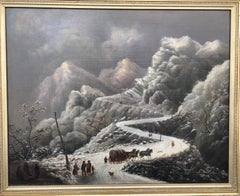 Antique Snow Scene, Pioneers Crossing High Mountains in a Storm