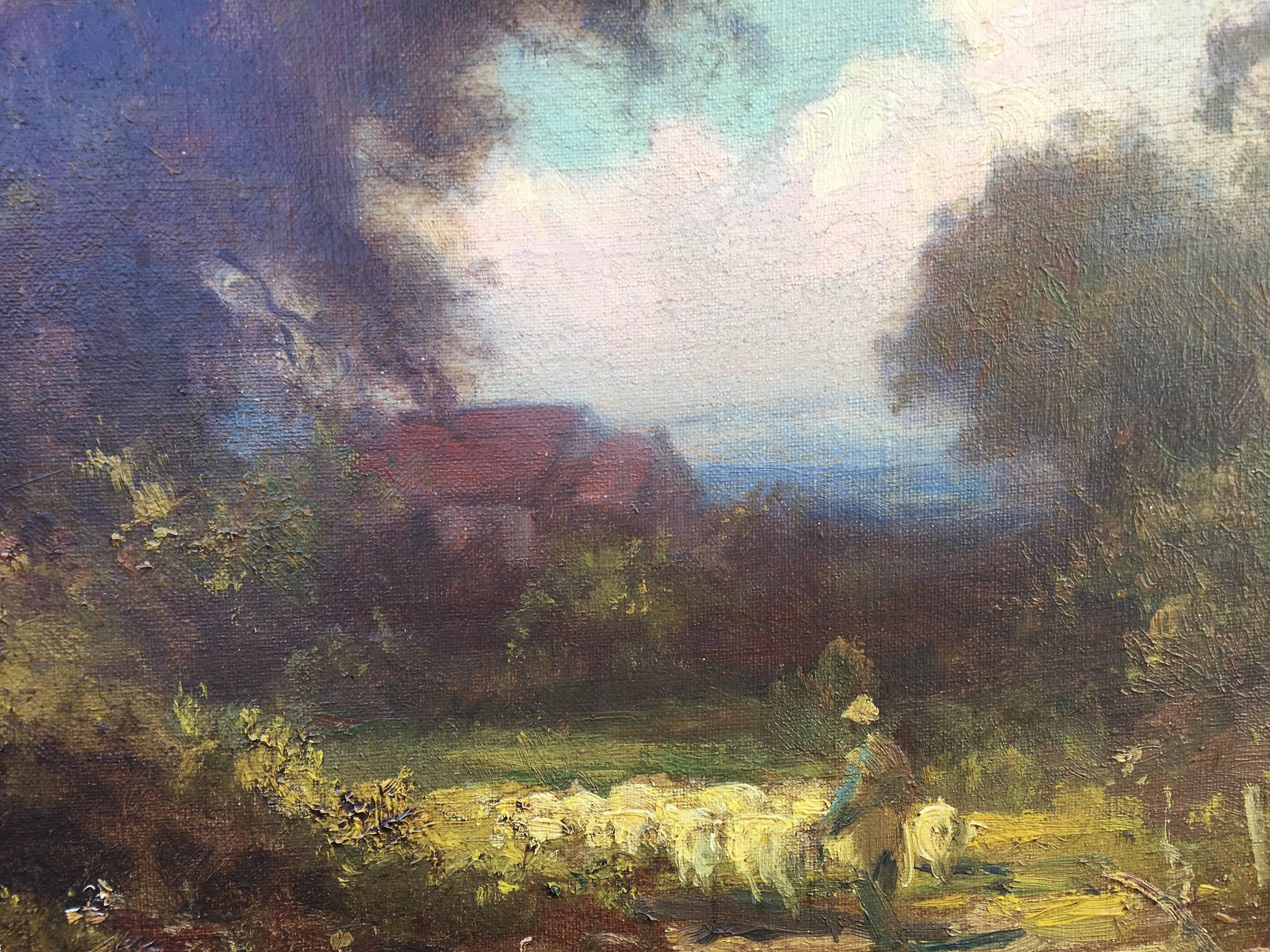 Shepherd Herding His Sheep Towards Home Through the Trees  - Painting by Gordon Coutts