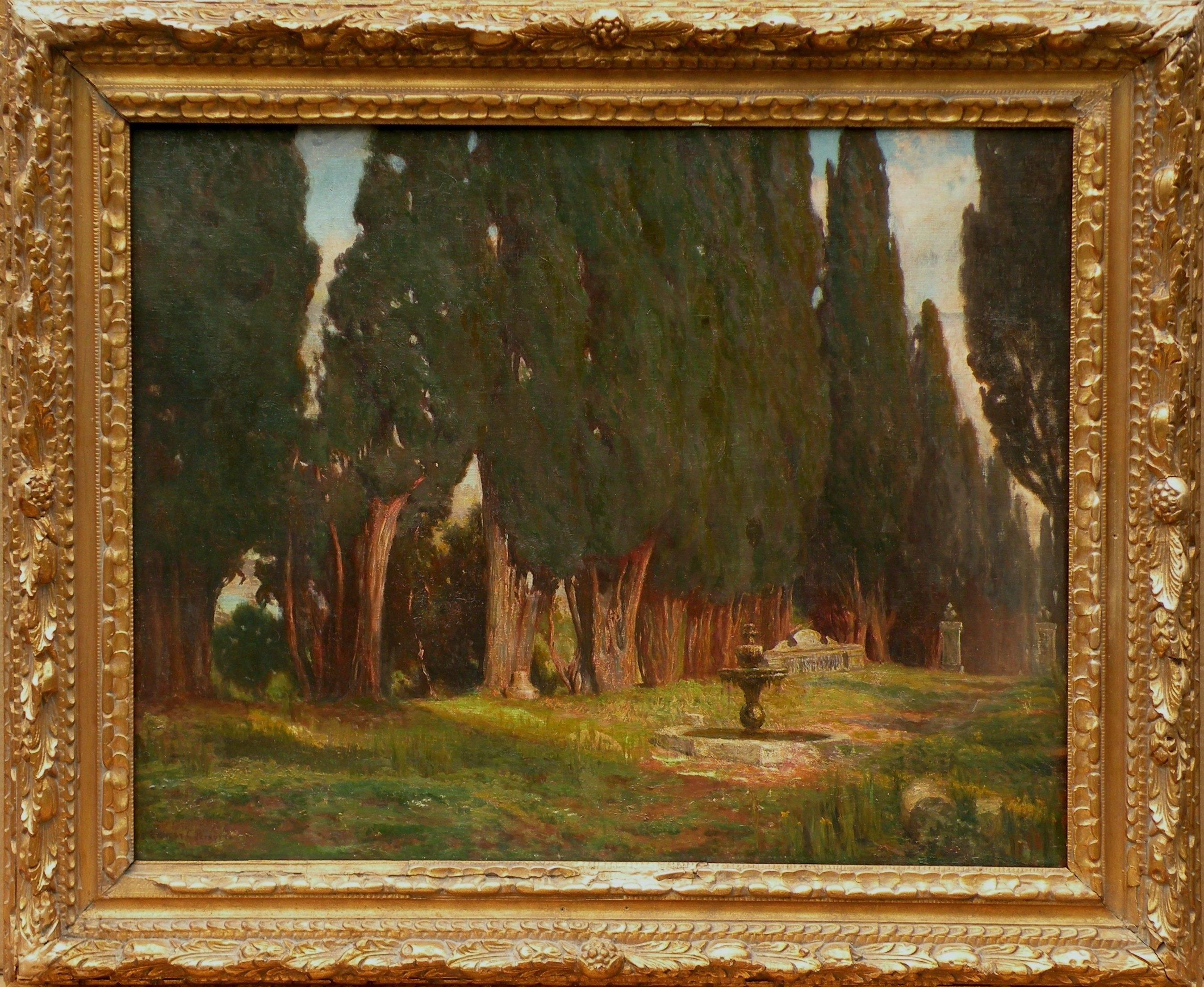 Ernest Peixotto Landscape Painting - Fountain and Cypress Trees in Monterey, California