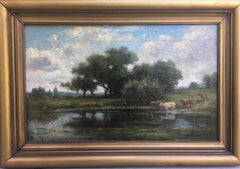 Antique Impressionist Landscape with Cows by a Creek in Marin County, California