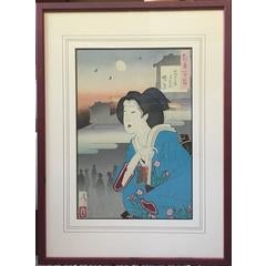100 Visions of the Moon, Woman in a Blue Kimono and Waxing Moon 9