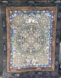 Antique Tibetan Thanka, Five Buddha Families and Avolokiteshvara (Chenrezig)