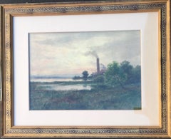 19th Century Landscape Watercolor with River and Smokestack by James Sword