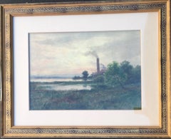 Antique 19th Century Landscape Watercolor with River and Smokestack by James Sword 