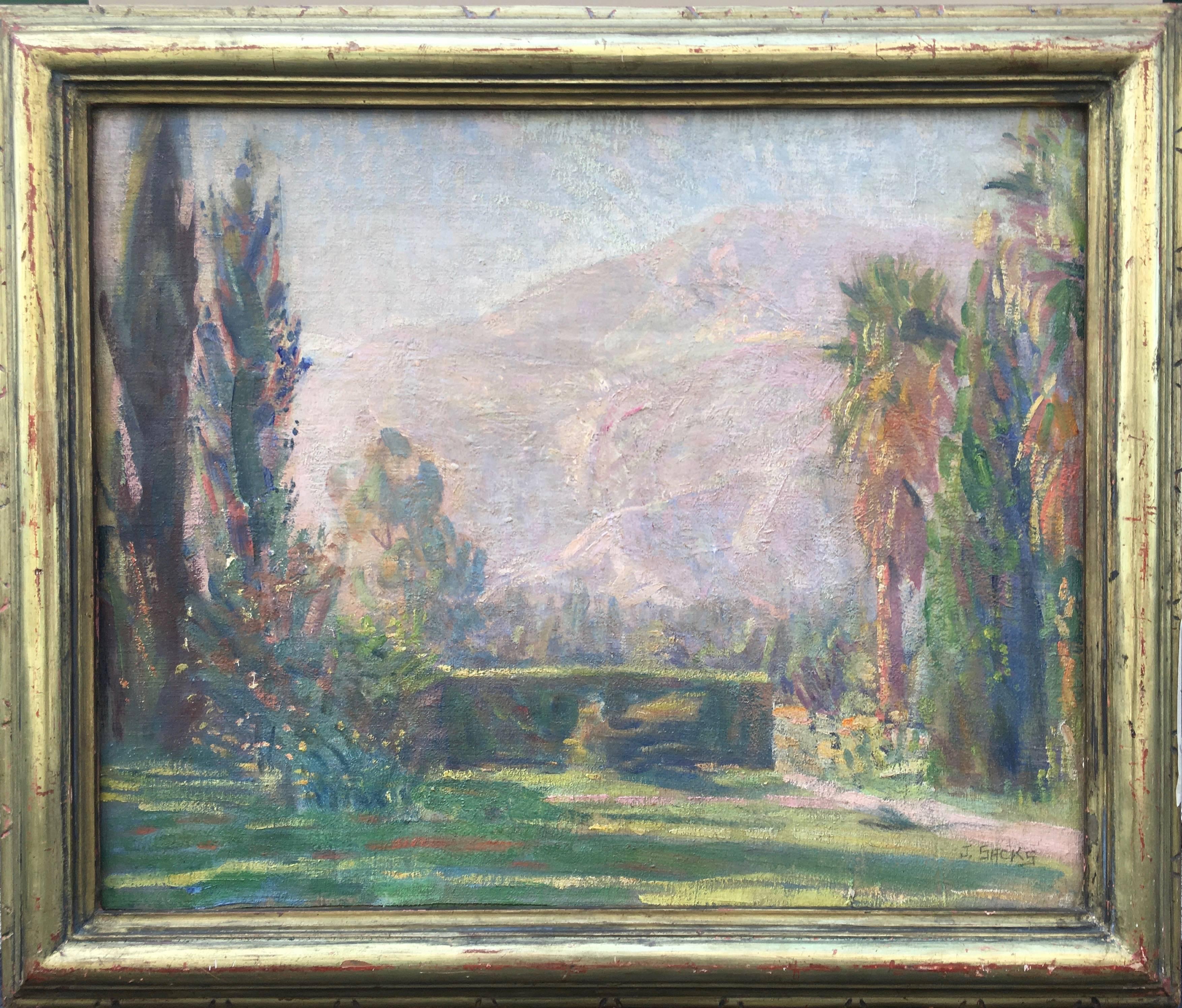 Joseph Sacks Landscape Painting - Impressionist Scene of Garden and Mt. Tamalpais in Marin County, California