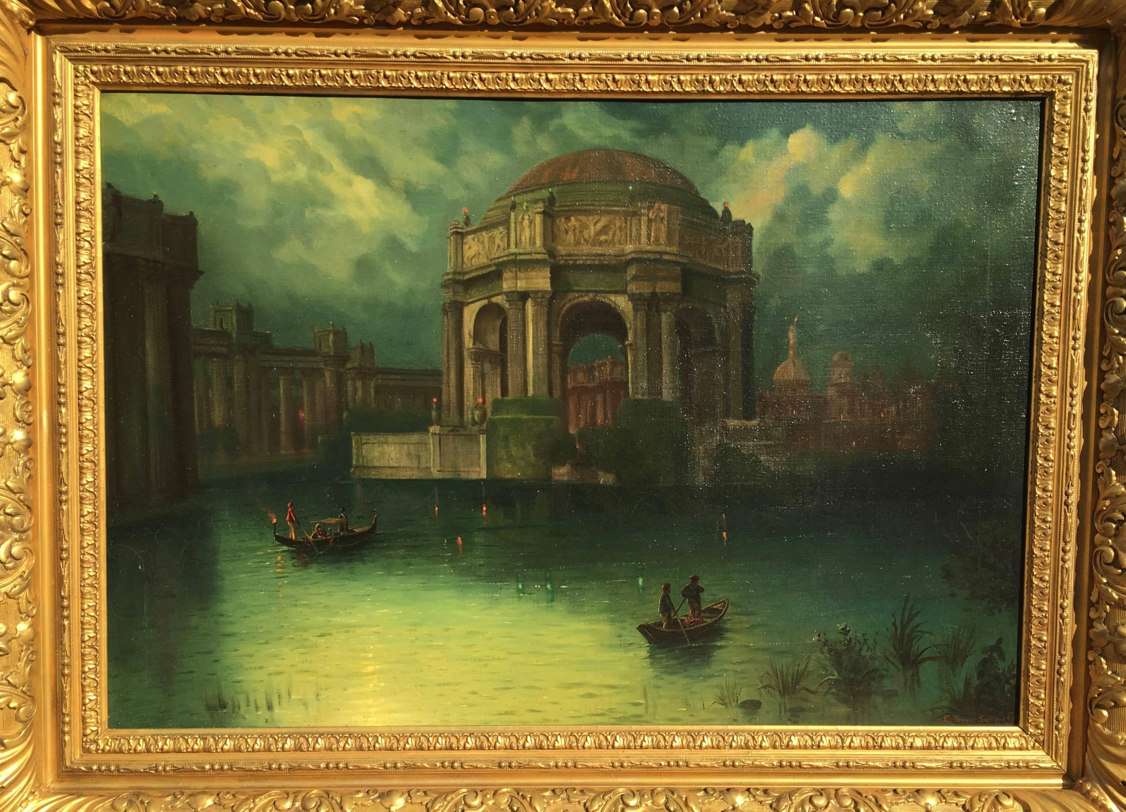 Ella Tanner Smith Landscape Painting - Palace of the Legion of Honor (Lagoon Night Time Scene with Small Boats)