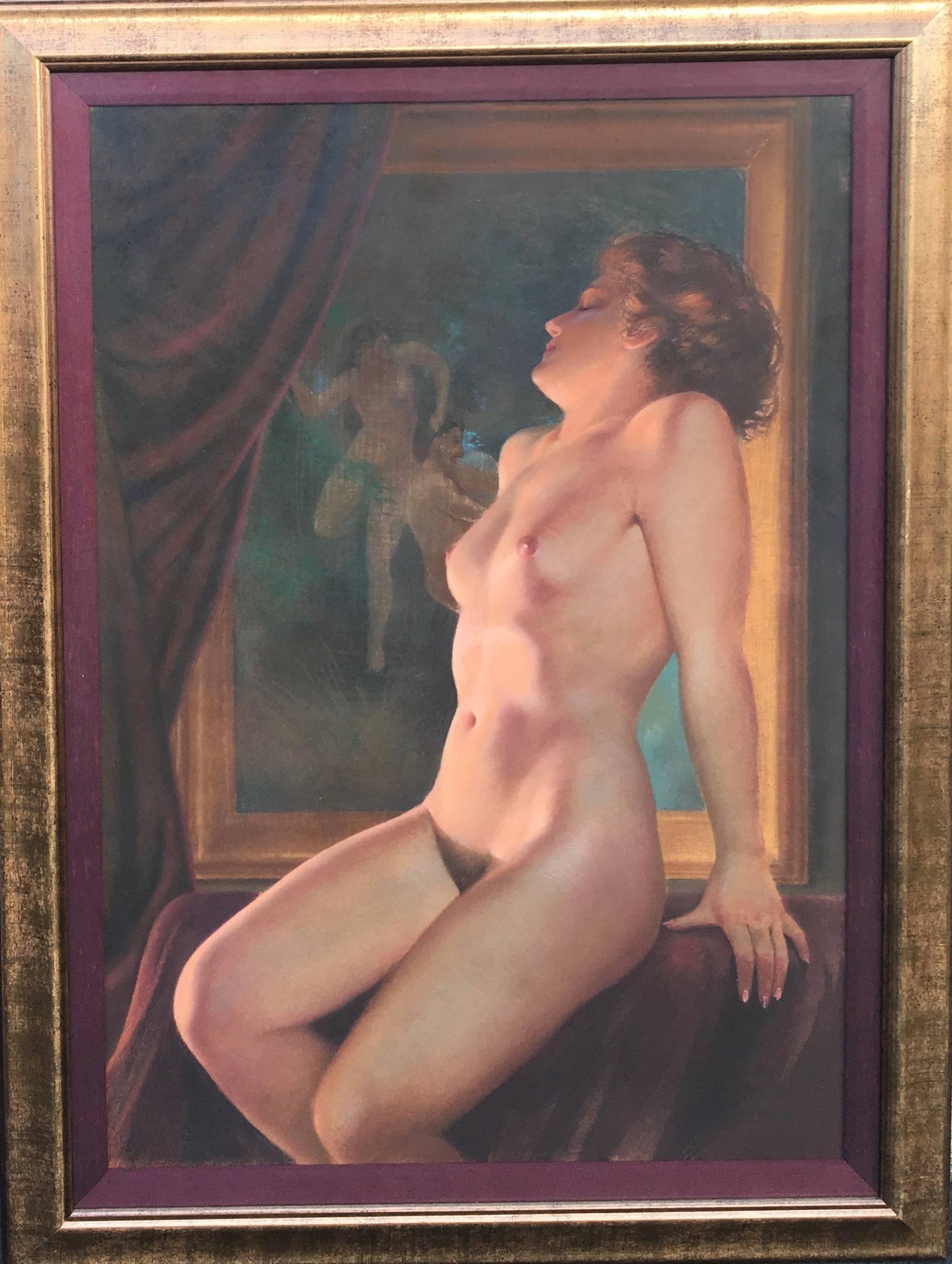Josef Plank Nude Painting - Nude with Painting of Dancing Nudes in the Background