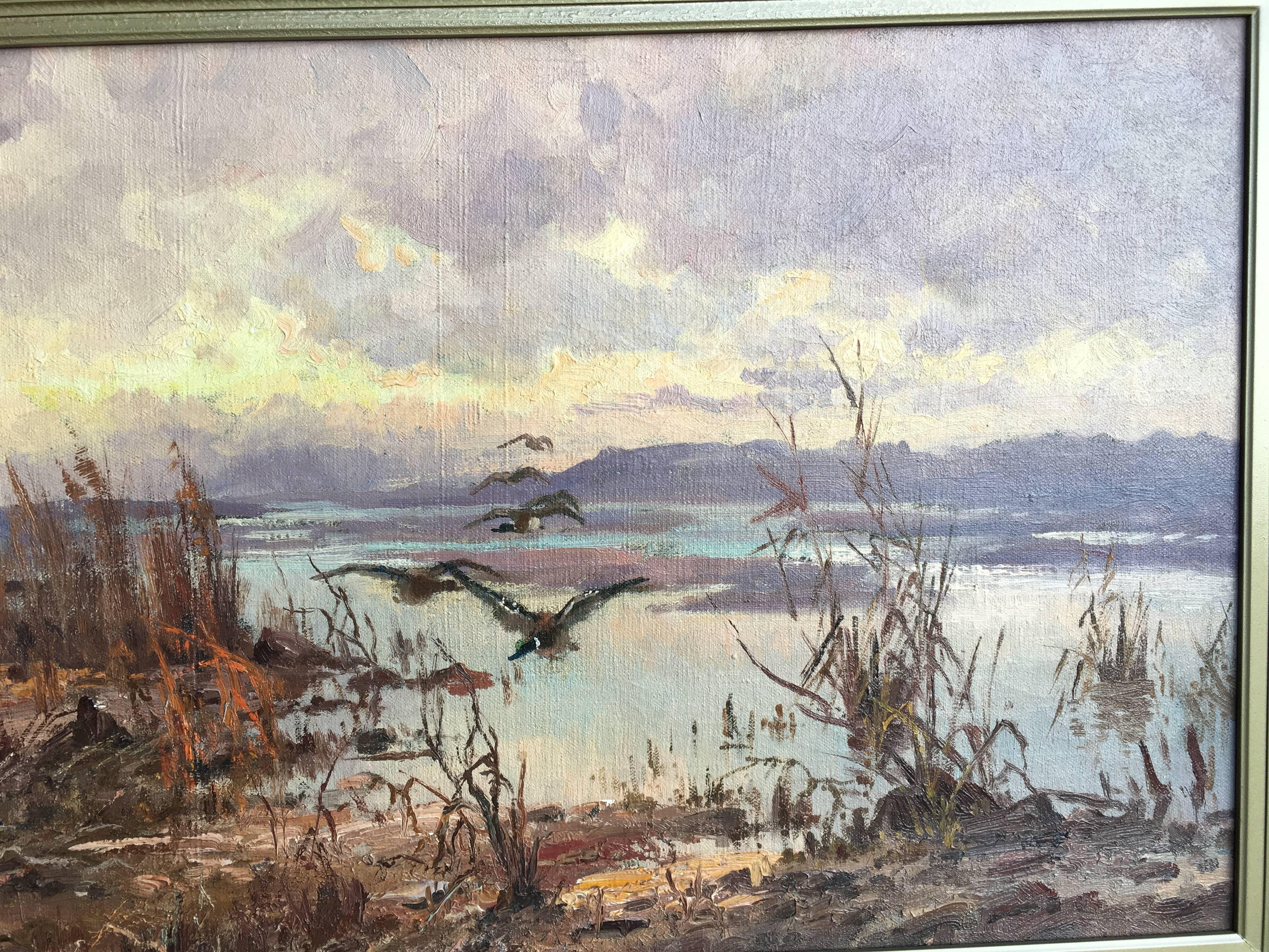 Ducks over the Marsh - American Impressionist Painting by John Fery