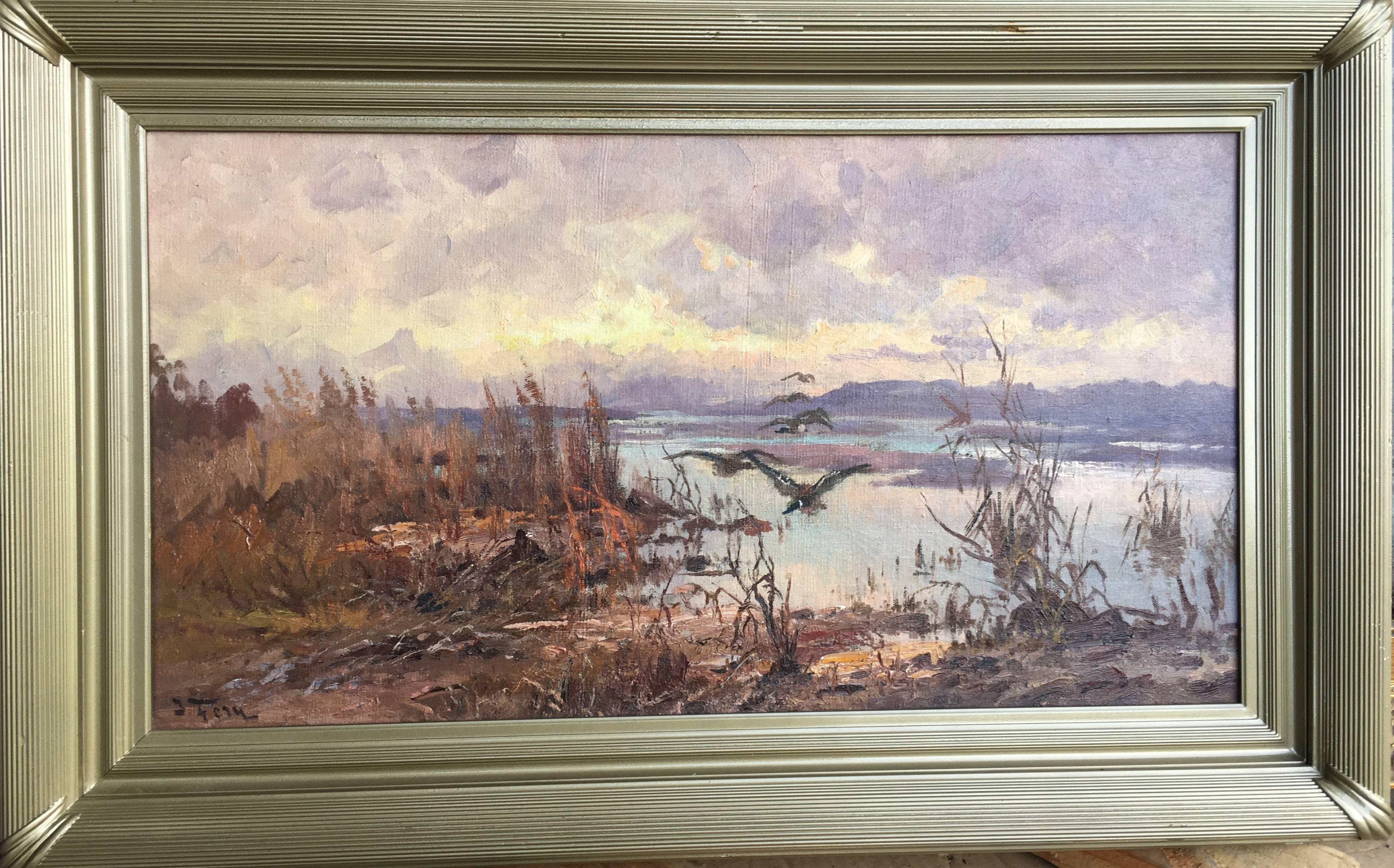 Ducks over the Marsh - Gray Landscape Painting by John Fery