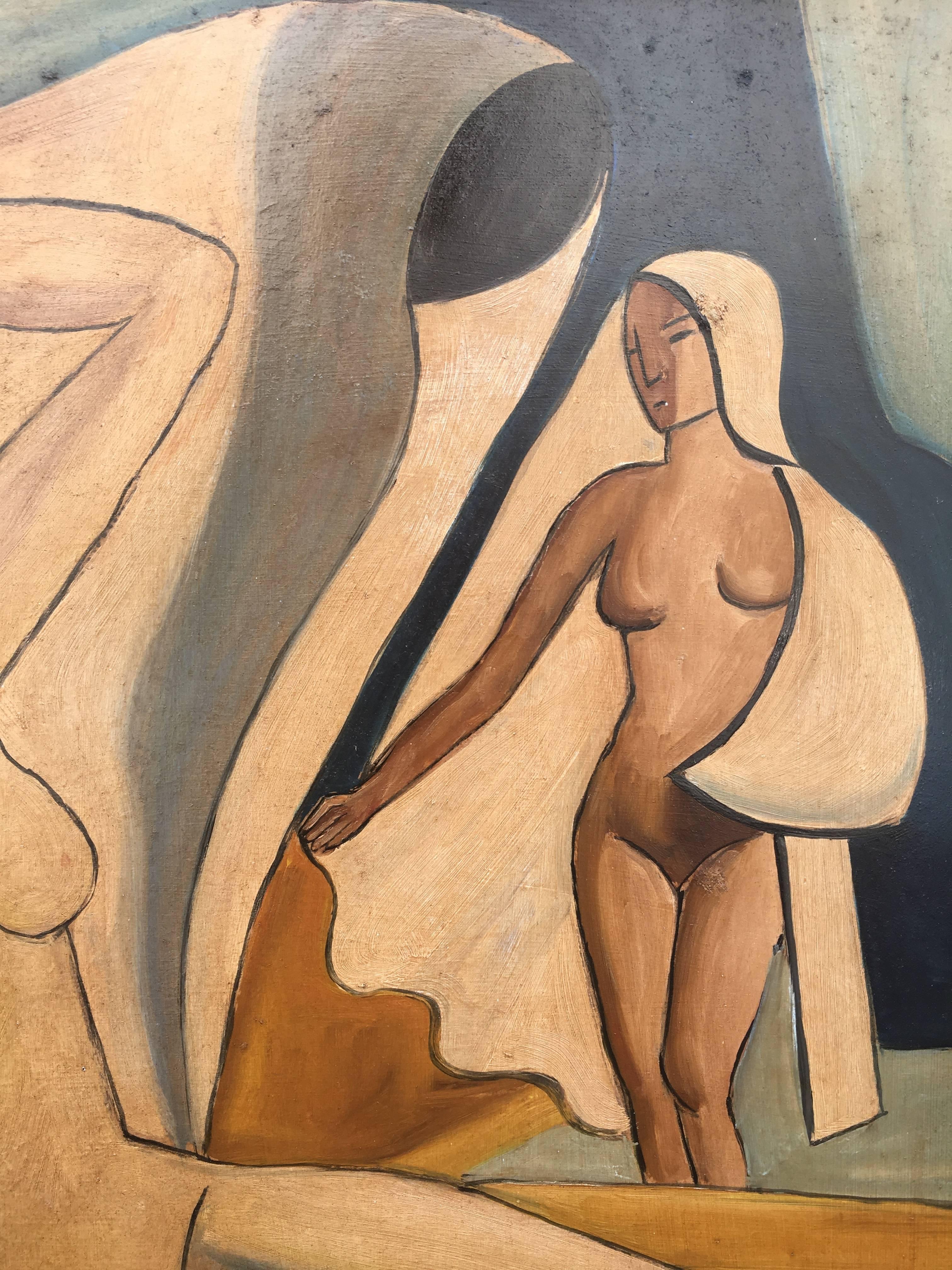 Two Nudes, One Seated, One Standing - Painting by Jeno Gabor