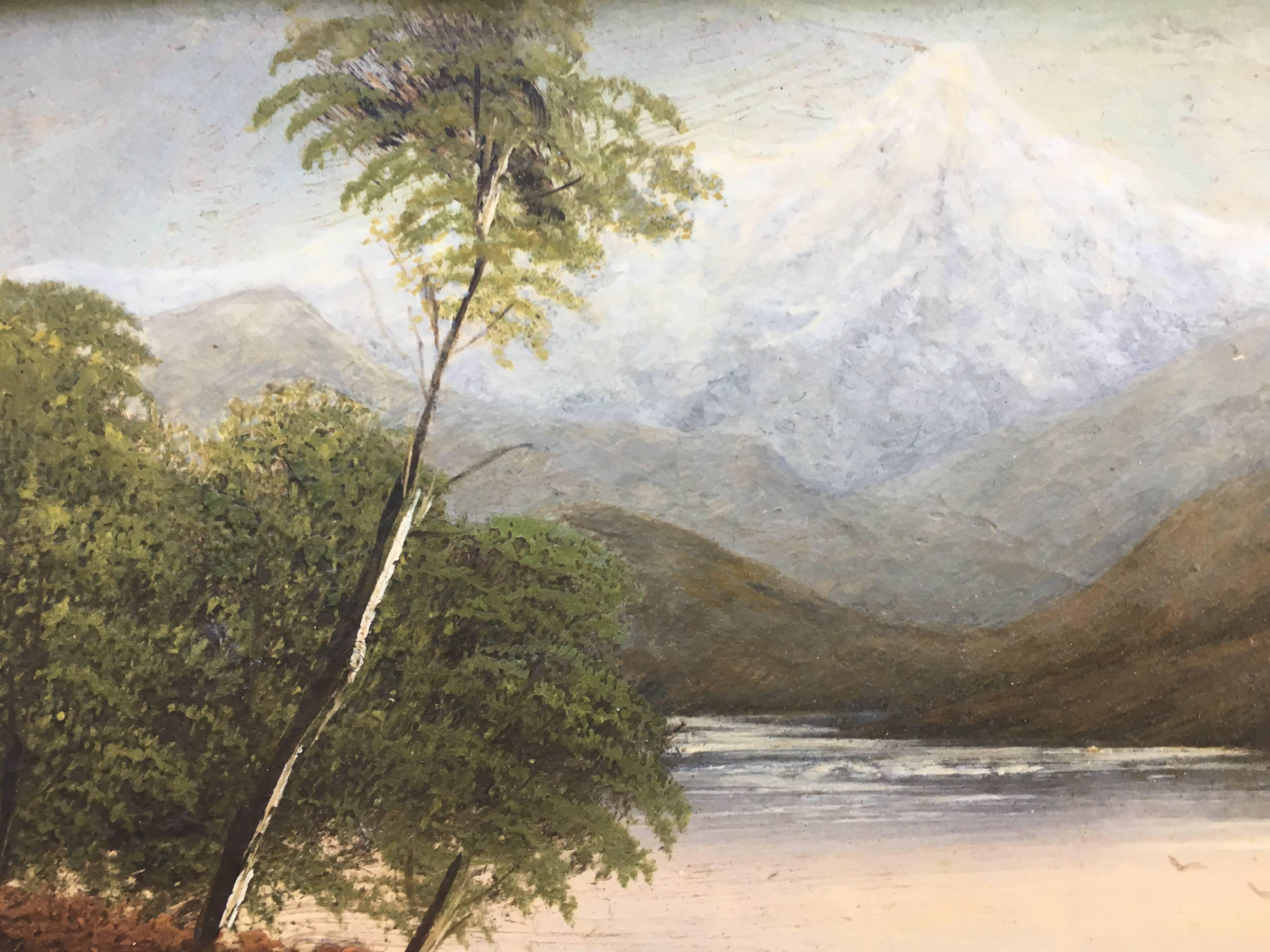 Lake Scene with Snow Capped Mountain - Gray Landscape Painting by Grafton Brown