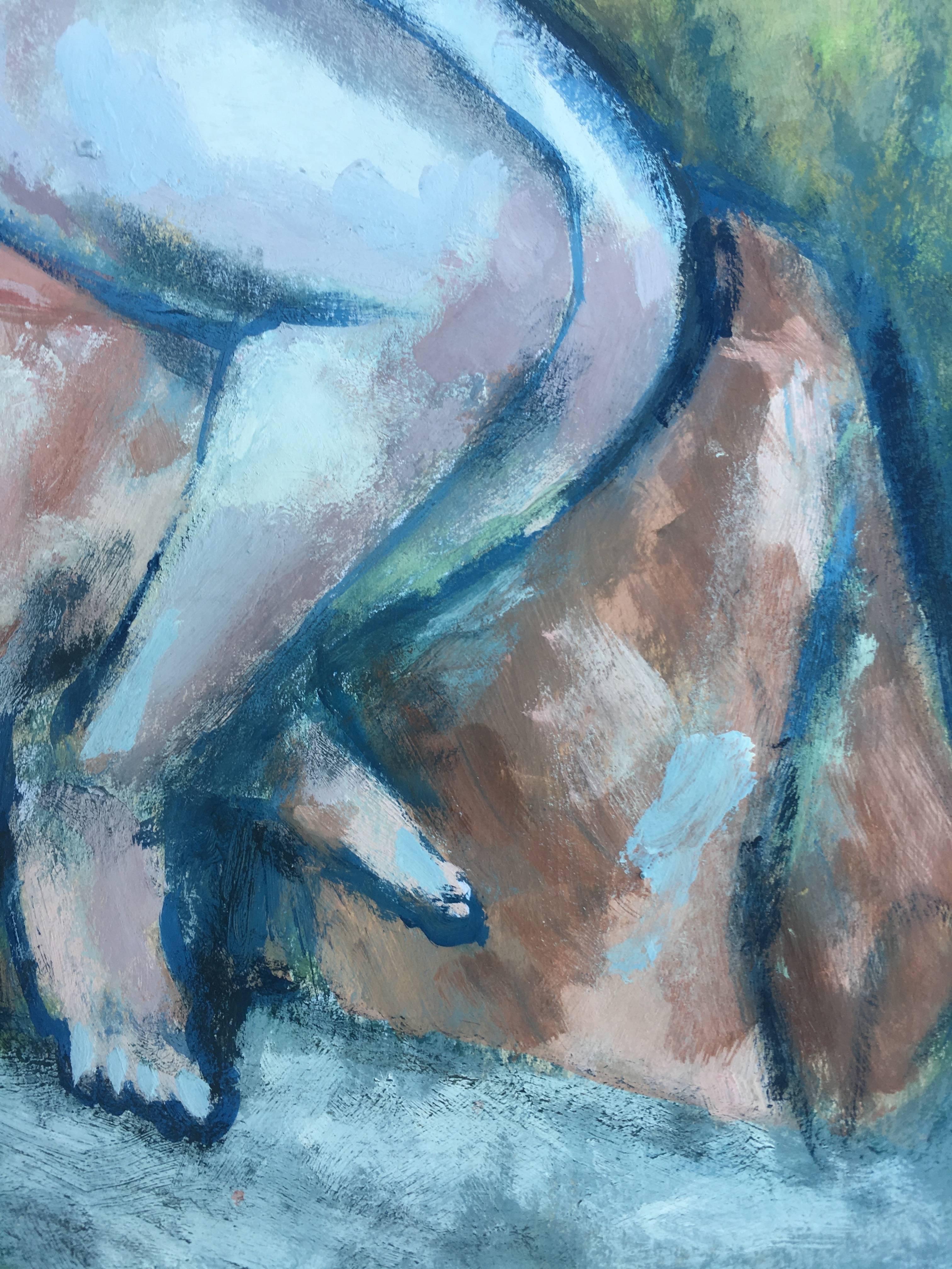 Seated Nude Combing her Hair - Blue Nude Painting by Ilyia Mashkov