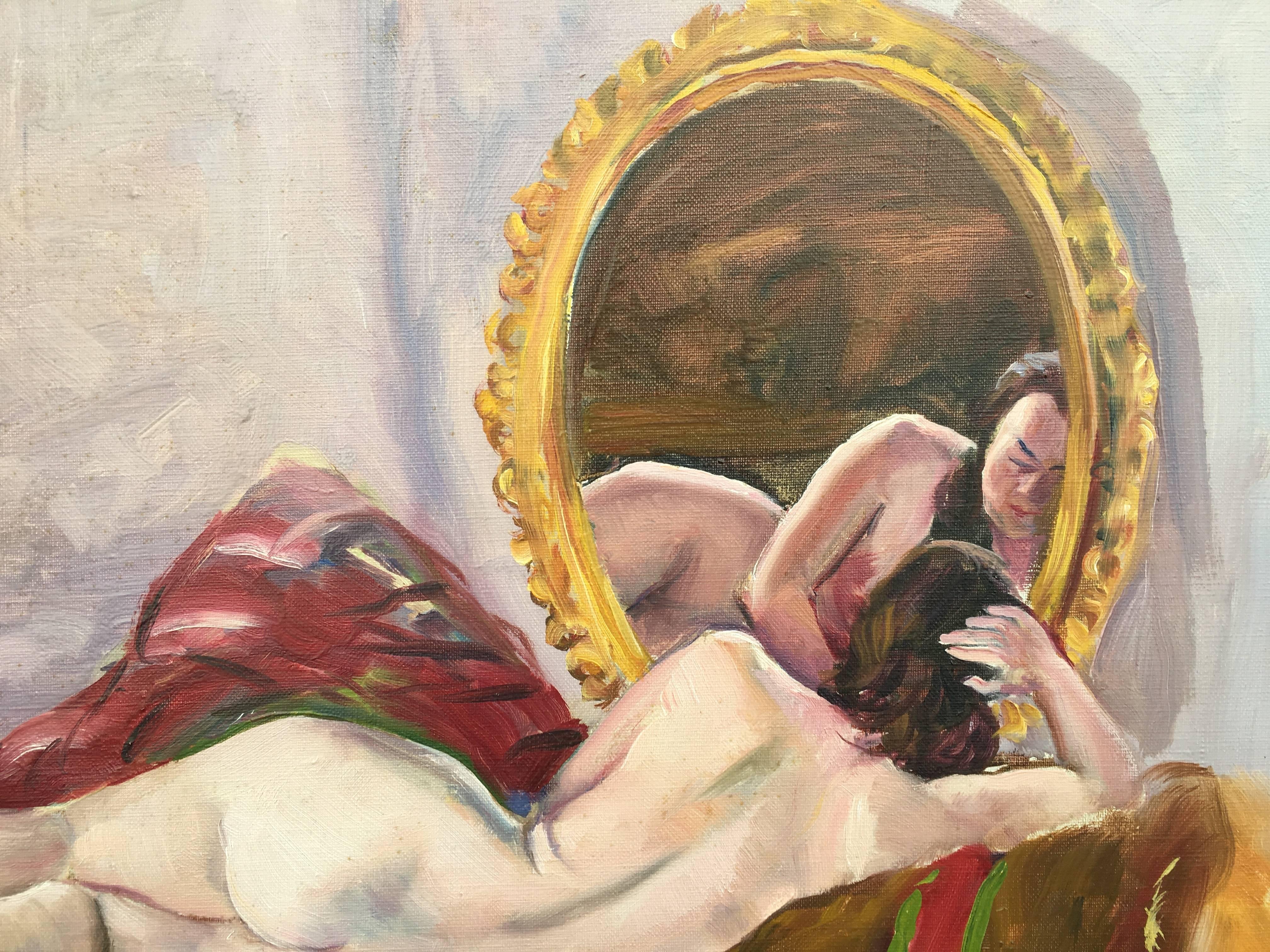 Reclining Nude Looking in the Mirror - Painting by Adrien Dupagne