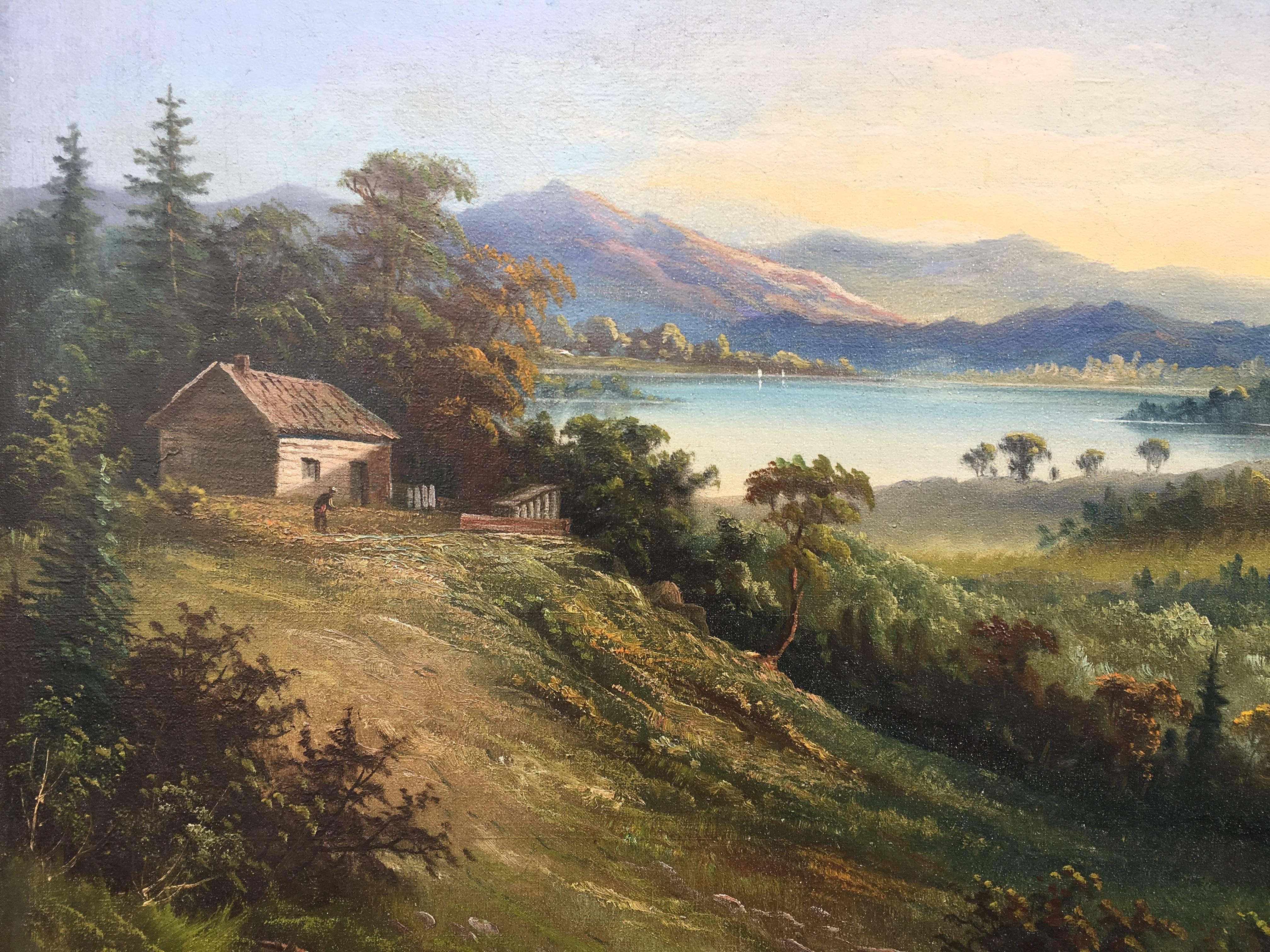 Canadian Landscape with Log Cabin and Frontiersmen - Painting by Octavius White