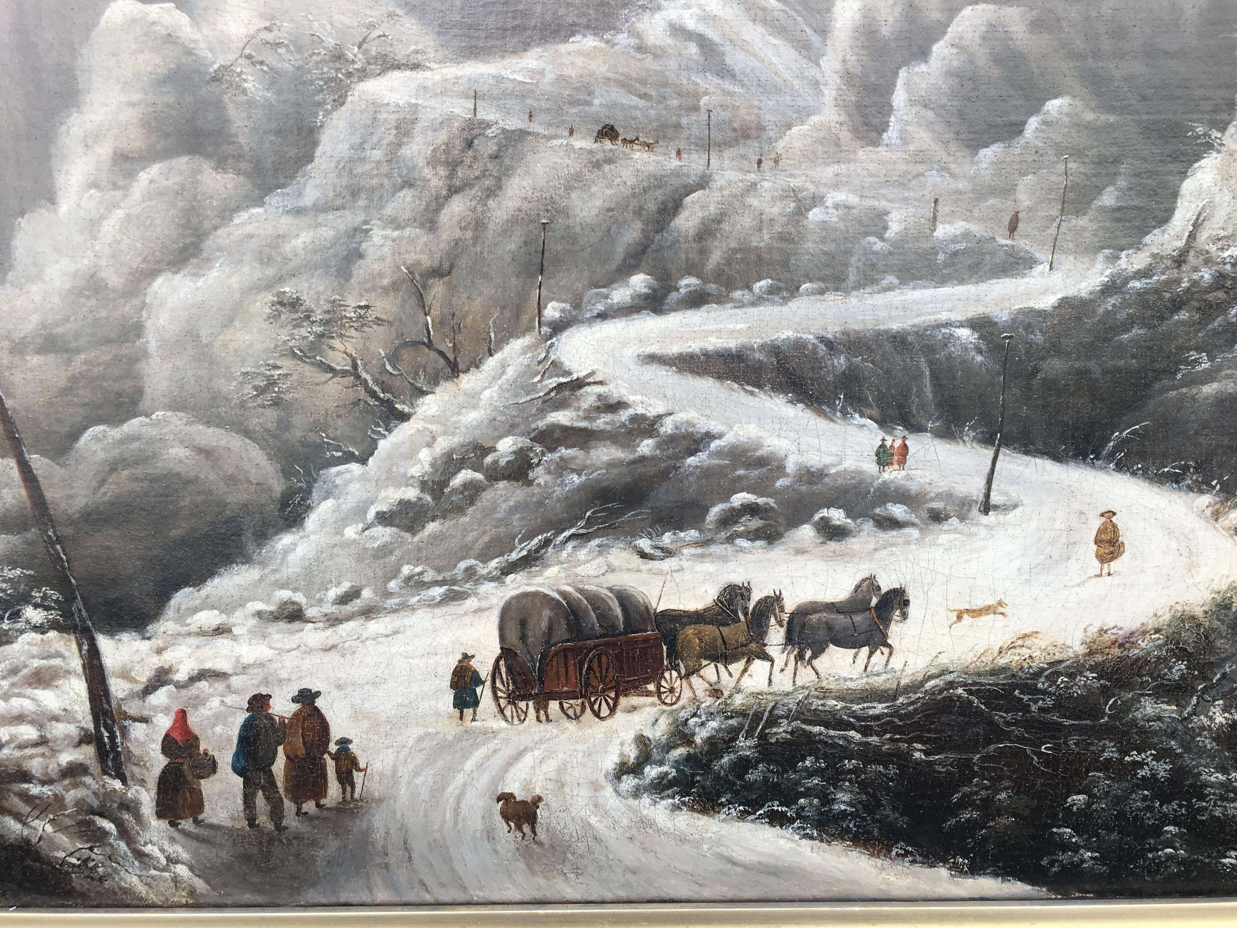 Snow Scene, Pioneers Crossing High Mountains in a Storm - Painting by Régis François Gignoux