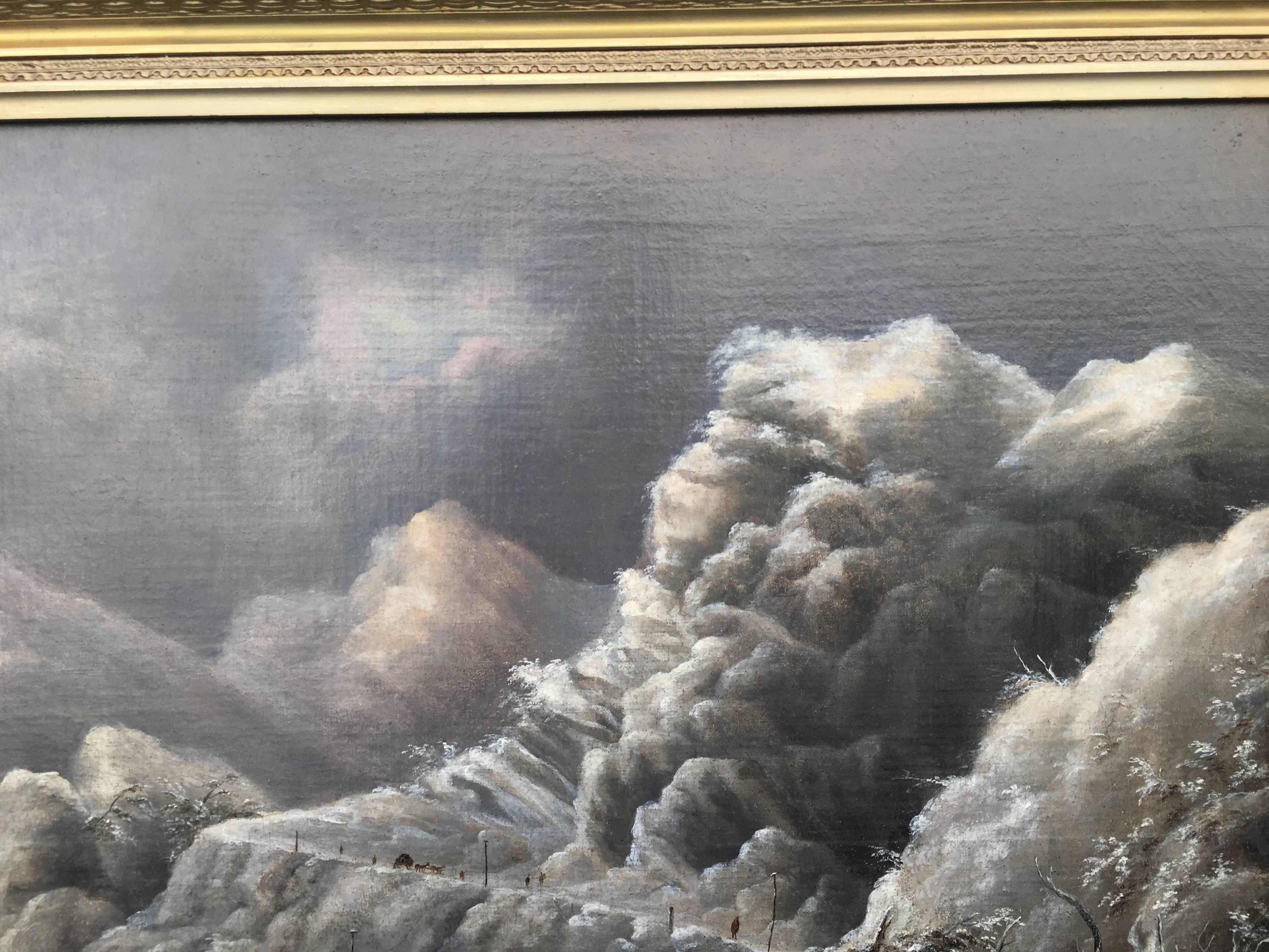 Snow Scene, Pioneers Crossing High Mountains in a Storm - Realist Painting by Régis François Gignoux