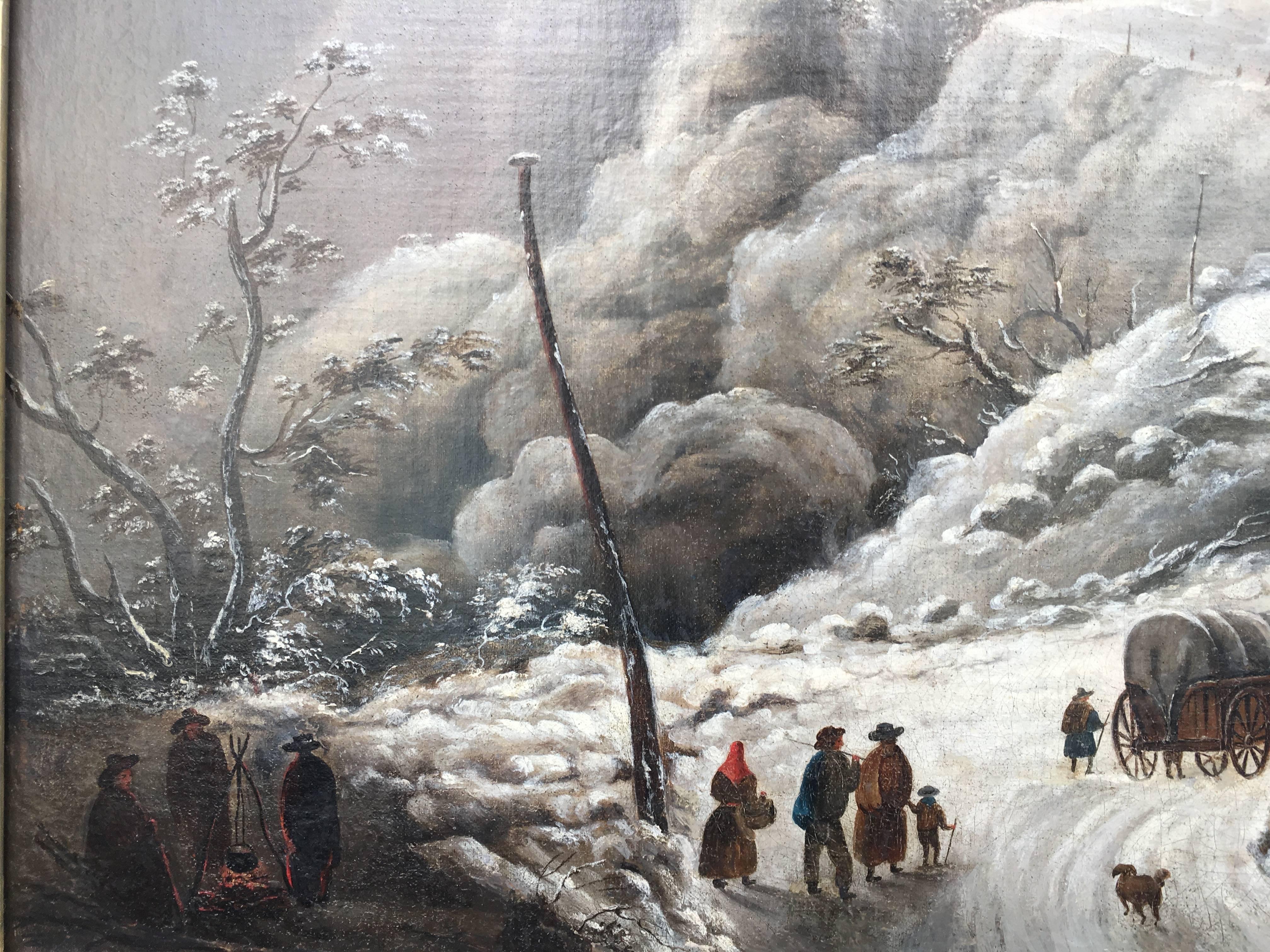Snow Scene, Pioneers Crossing High Mountains in a Storm - Gray Landscape Painting by Régis François Gignoux