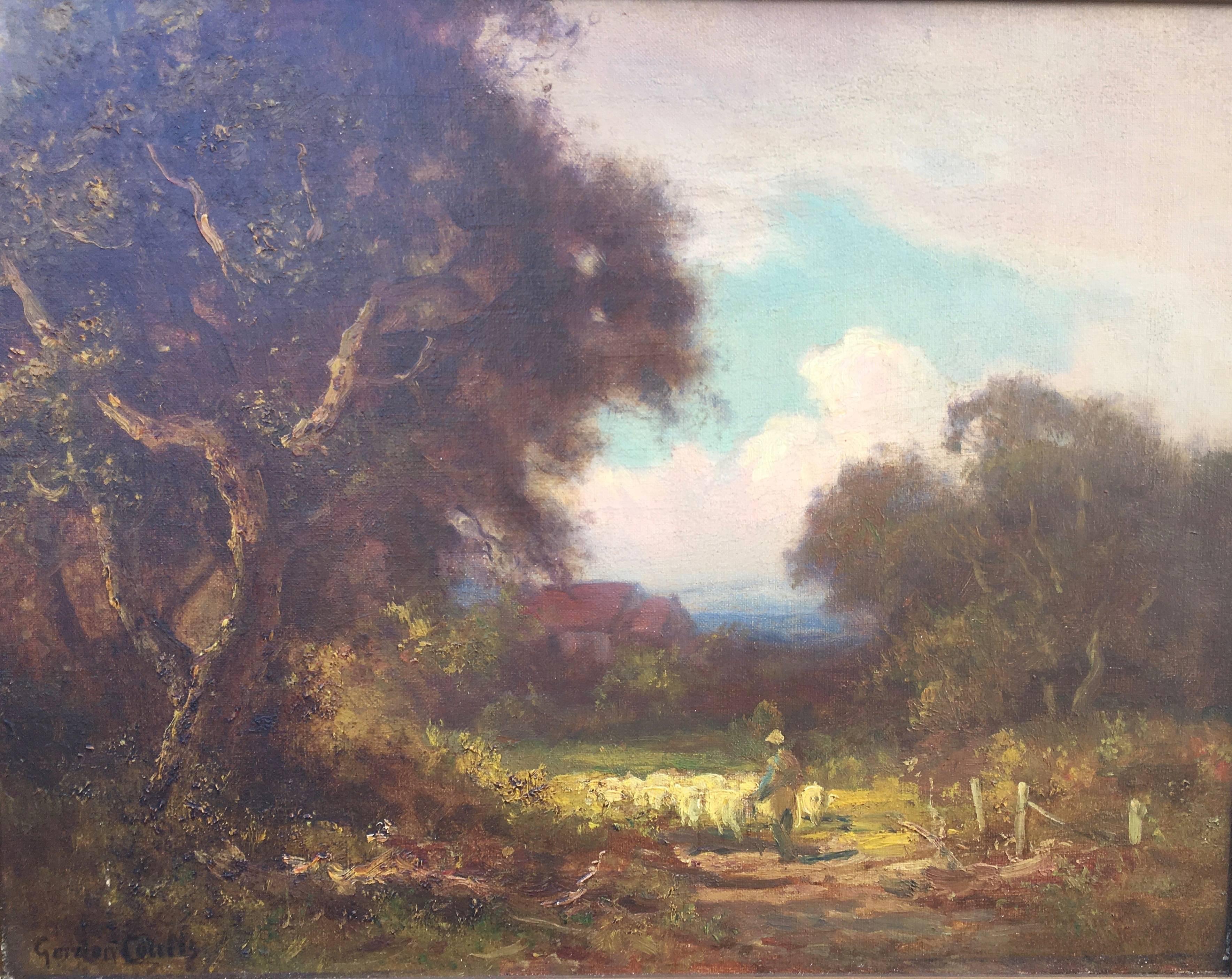 Gordon Coutts Landscape Painting – Shepherd Herding His Sheep Towards Home Through the Trees 