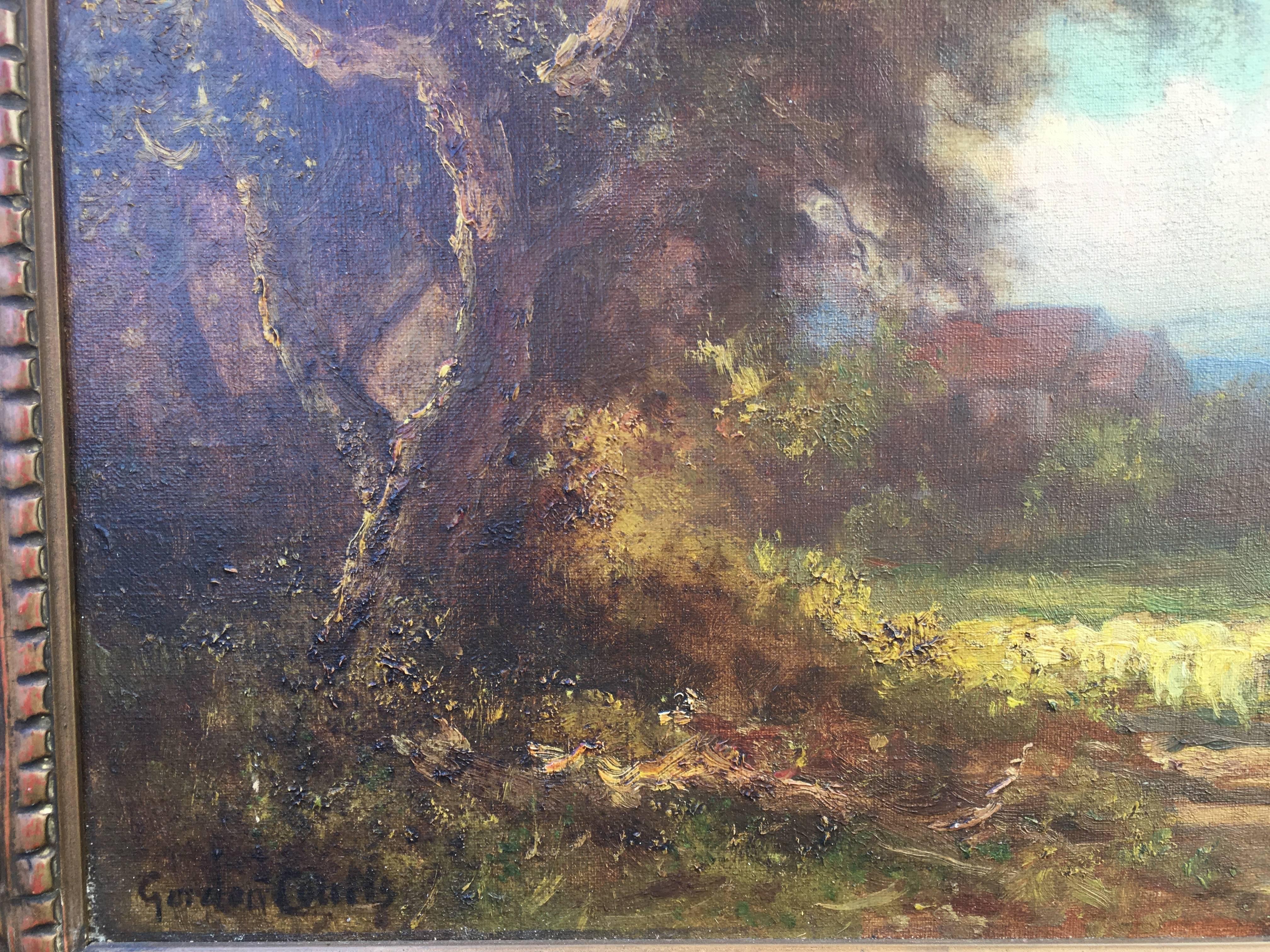 Shepherd Herding His Sheep Towards Home Through the Trees  (Grau), Landscape Painting, von Gordon Coutts
