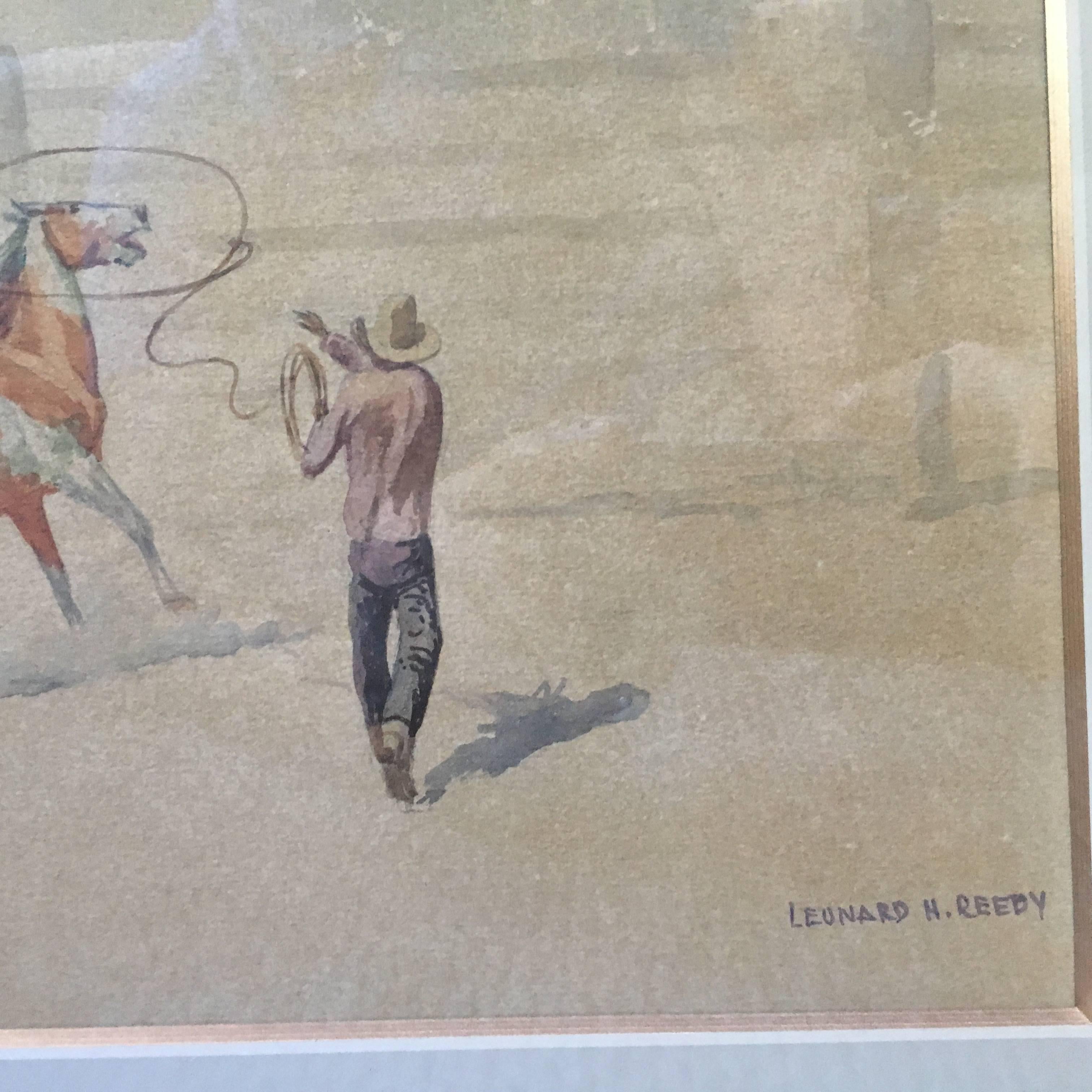 Cowboy Lassoing a Horse  - Painting by Leonard Reedy