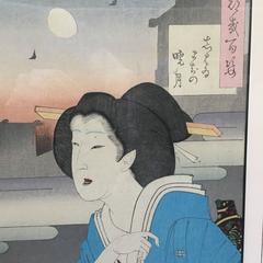 100 Visions of the Moon, Woman in a Blue Kimono and Waxing Moon