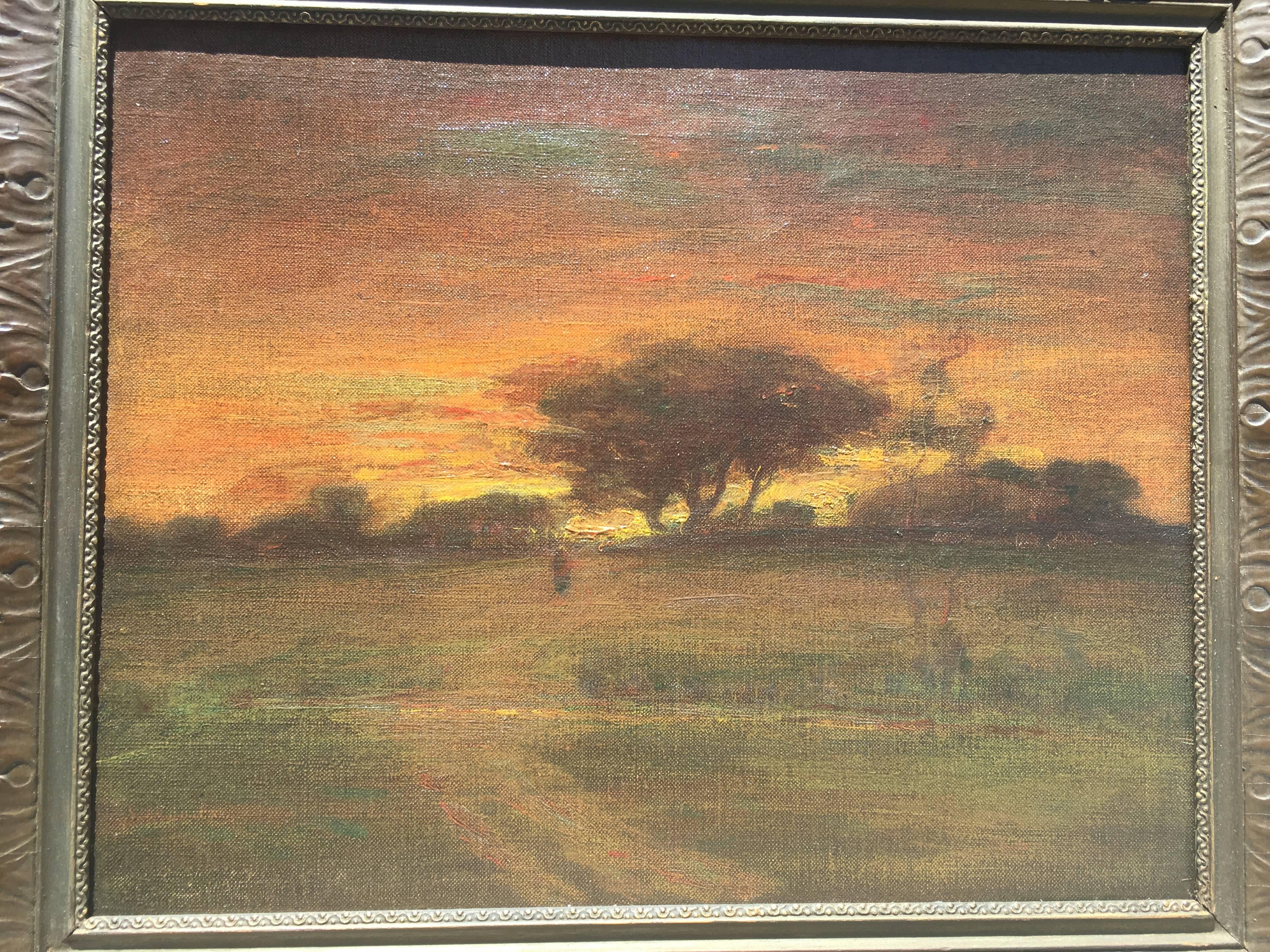 In the style of George Inness Landscape Painting - Sunset with Figure Walking into Village with Stream in the foreground