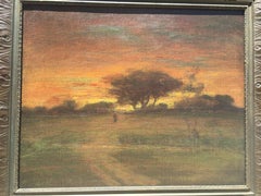 Sunset with Figure Walking into Village with Stream in the foreground