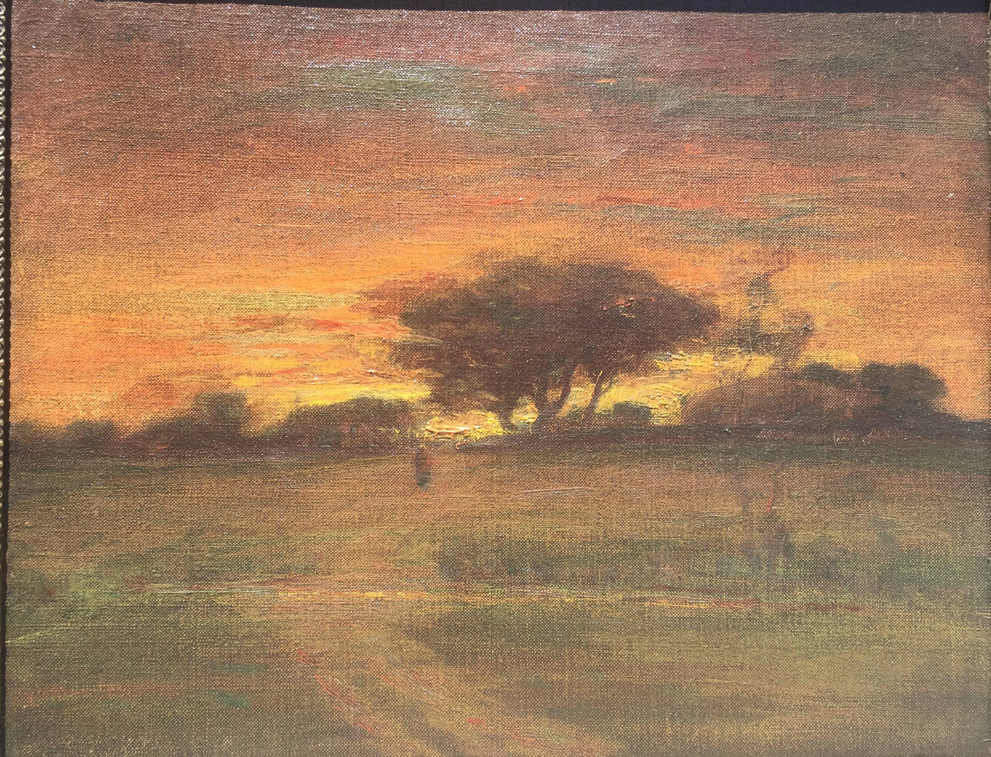 Sunset with Figure Walking into Village with Stream in the foreground - Painting by In the style of George Inness