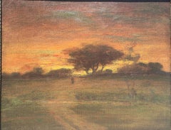 Sunset with Figure Walking into Village with Stream in the foreground