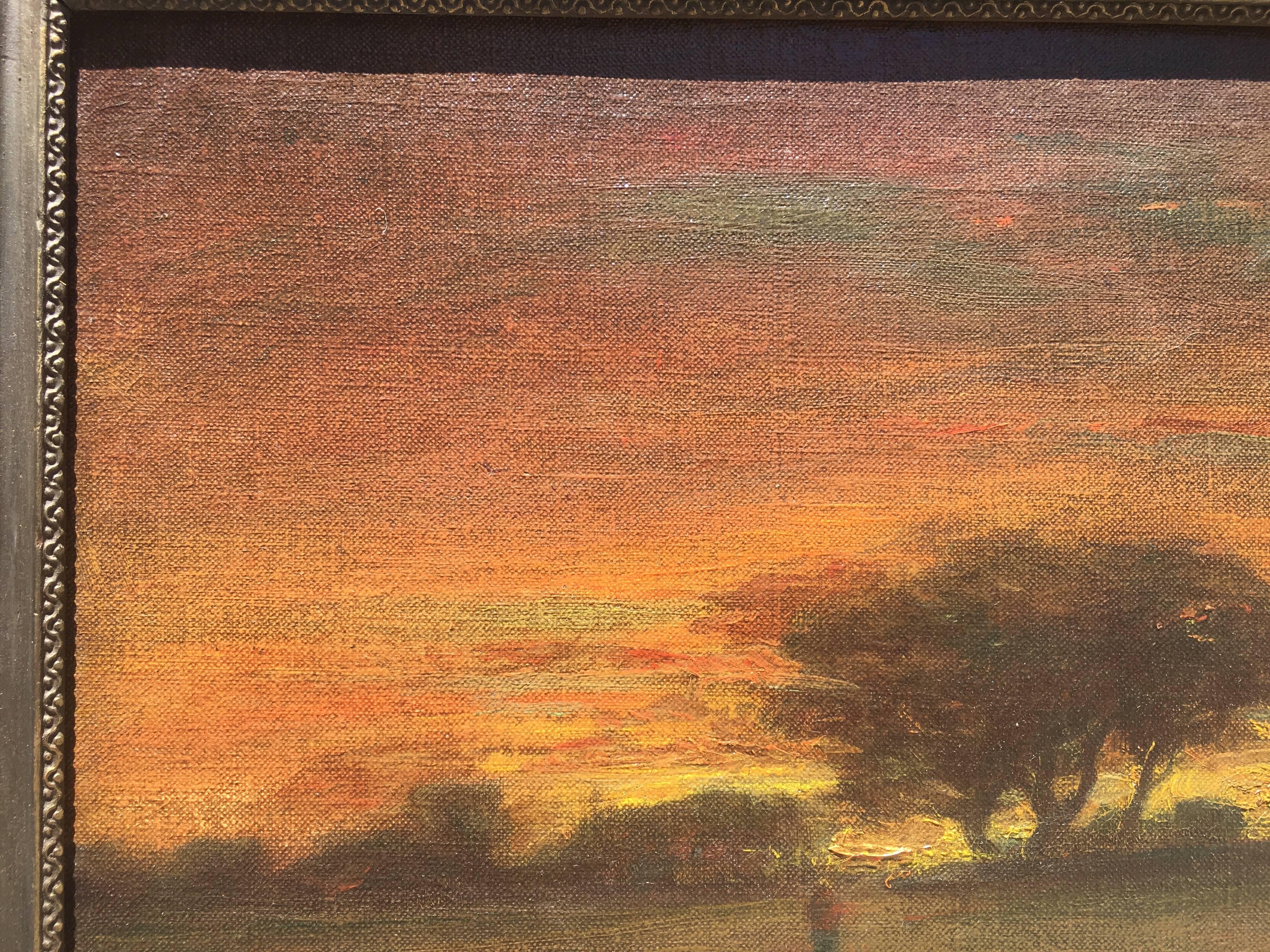 Sunset with Figure Walking into Village with Stream in the foreground For Sale 2
