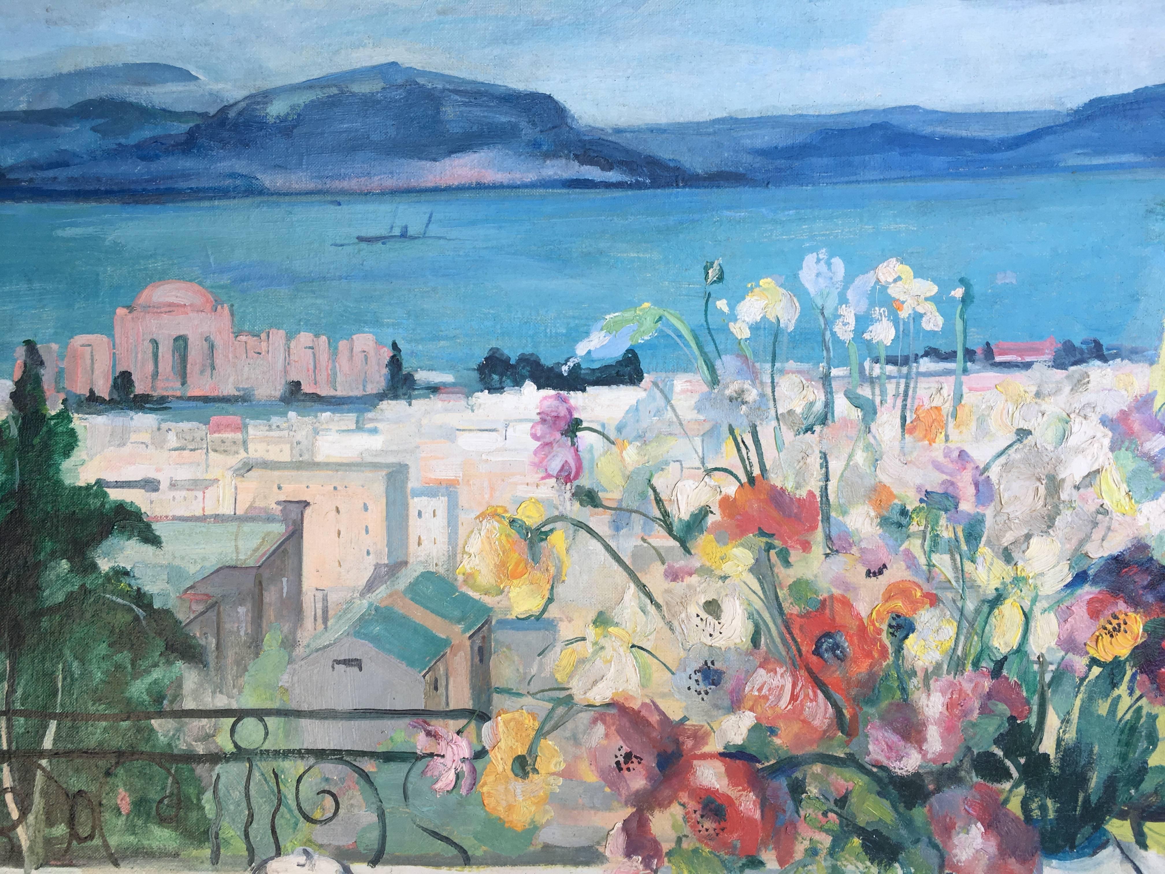 San Francisco from my Veranda Overlooking the Palace of Fine Arts - Gray Landscape Painting by Jean de Botton