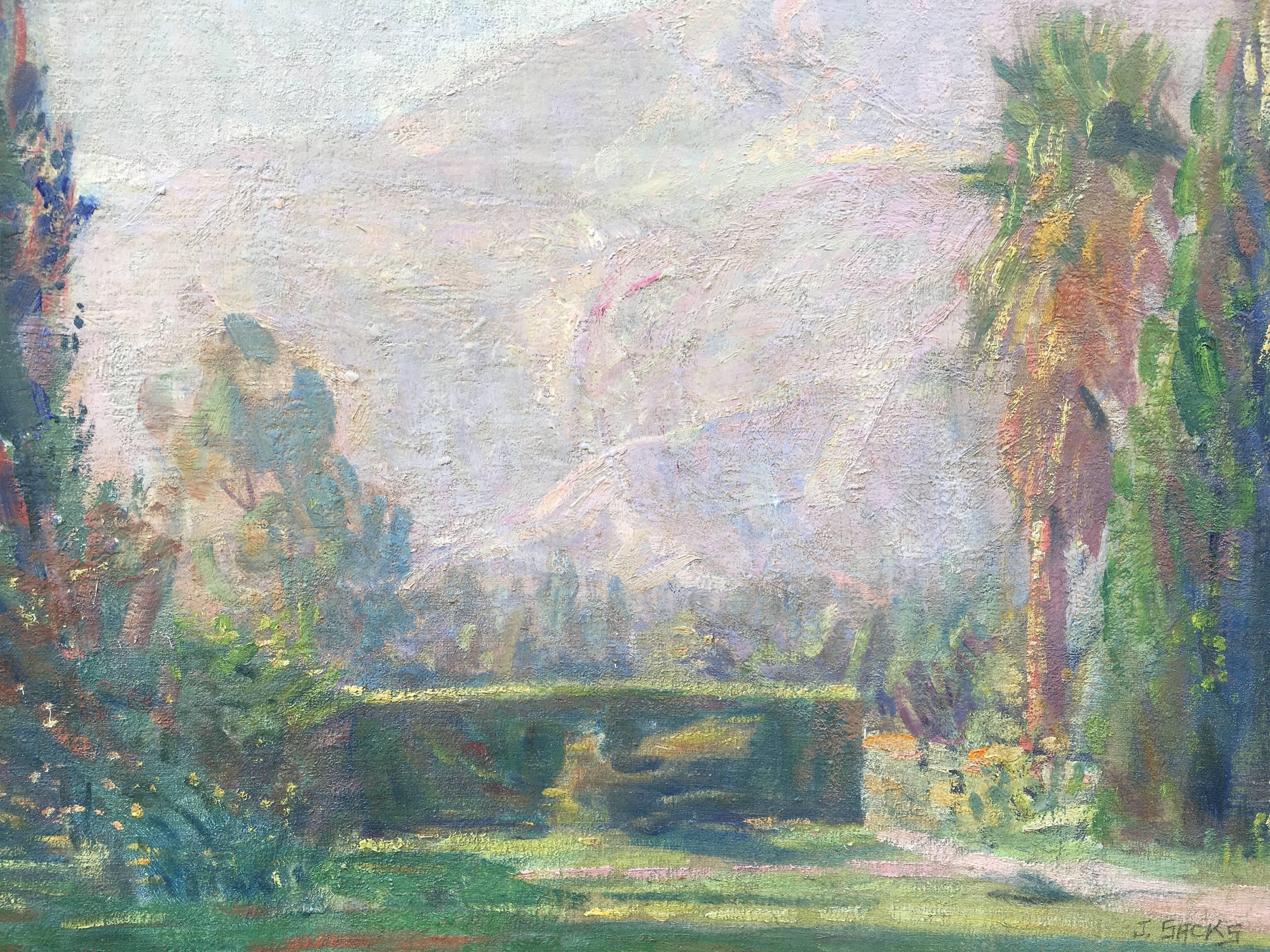 Impressionist Scene of Garden and Mt. Tamalpais in Marin County, California - American Impressionist Painting by Joseph Sacks