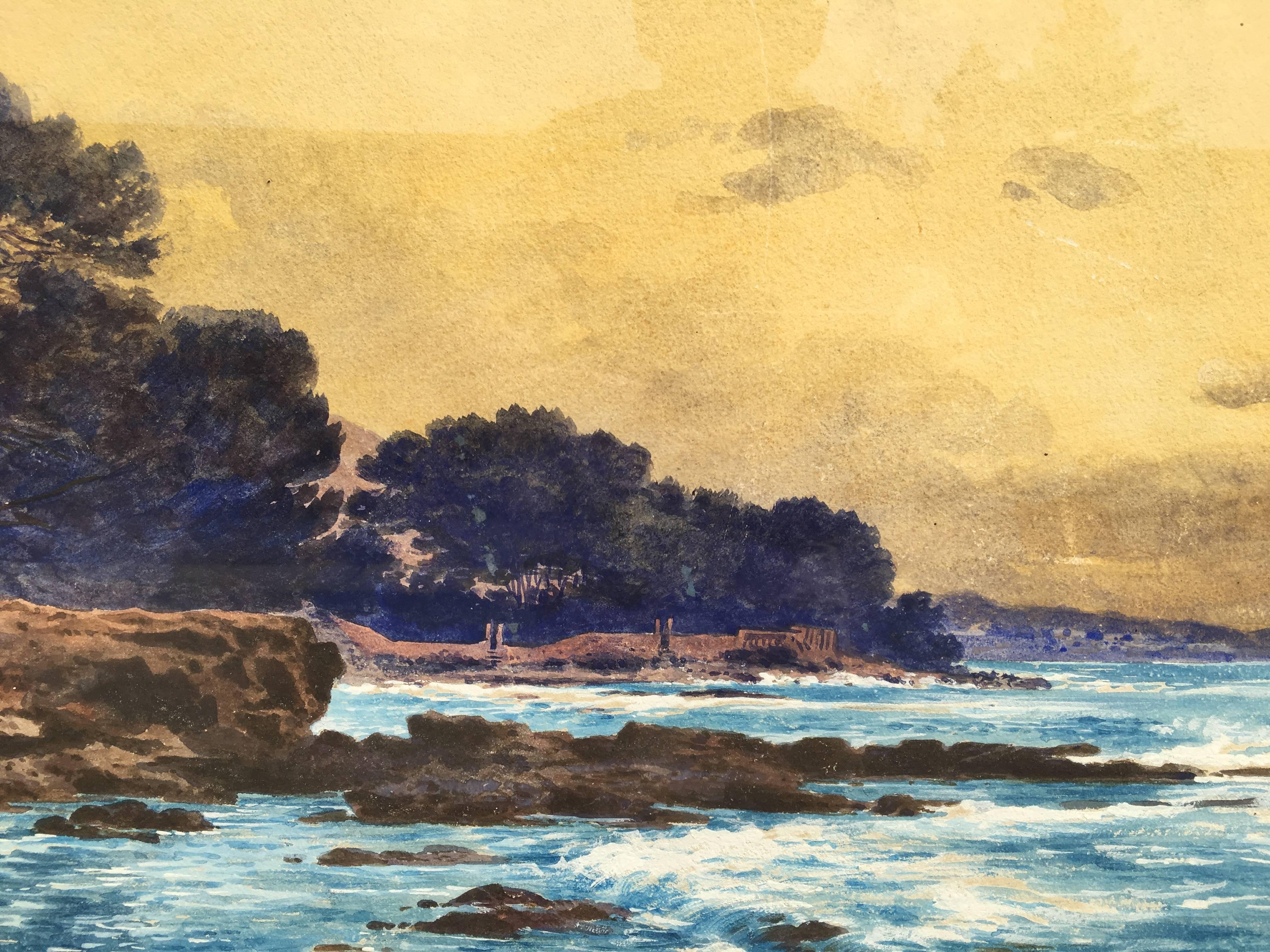 On the Beach Near Nervi, Genoa, Italy - Painting by Friedrich Perlberg