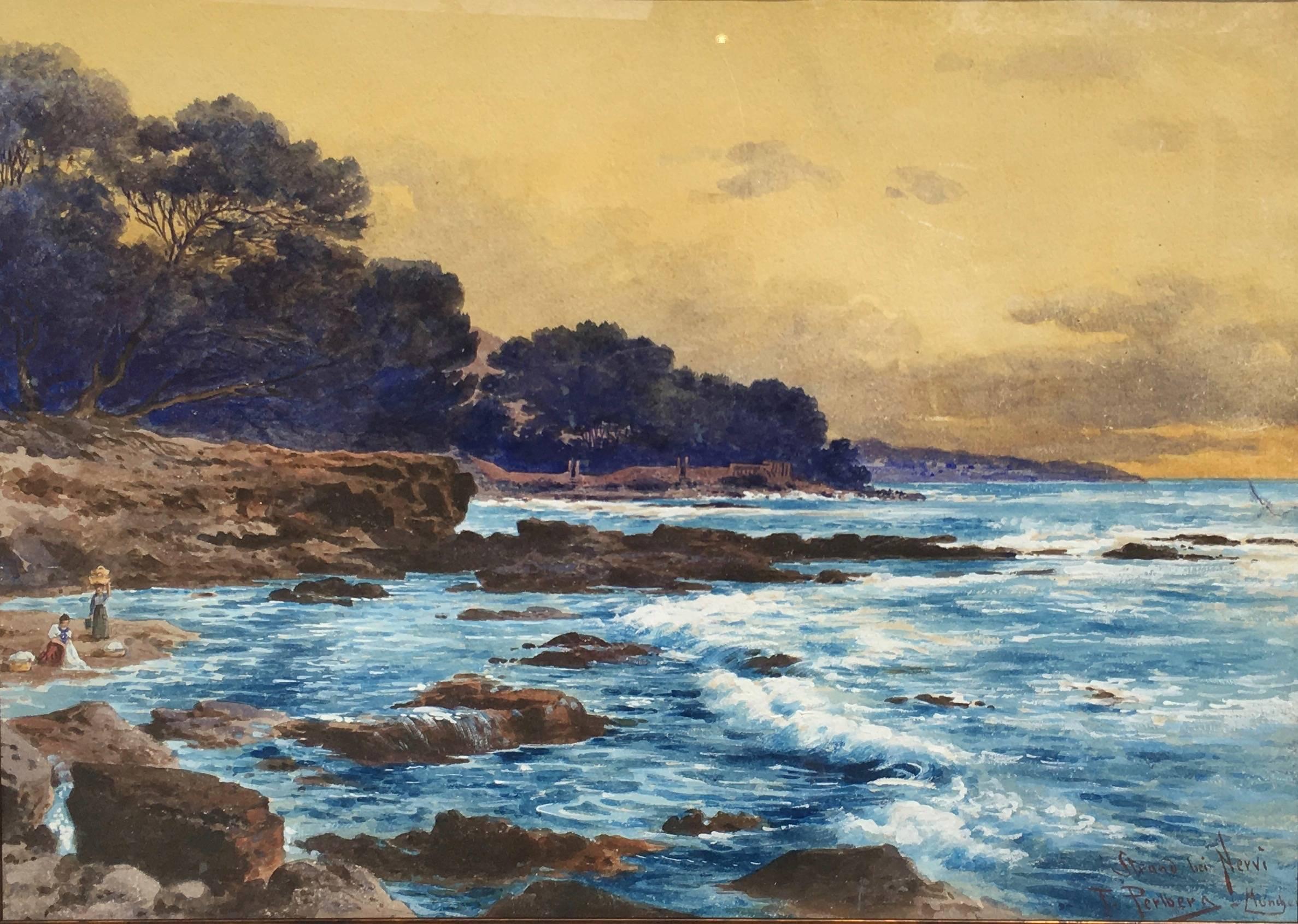 On the Beach Near Nervi, Genoa, Italy - Impressionist Painting by Friedrich Perlberg