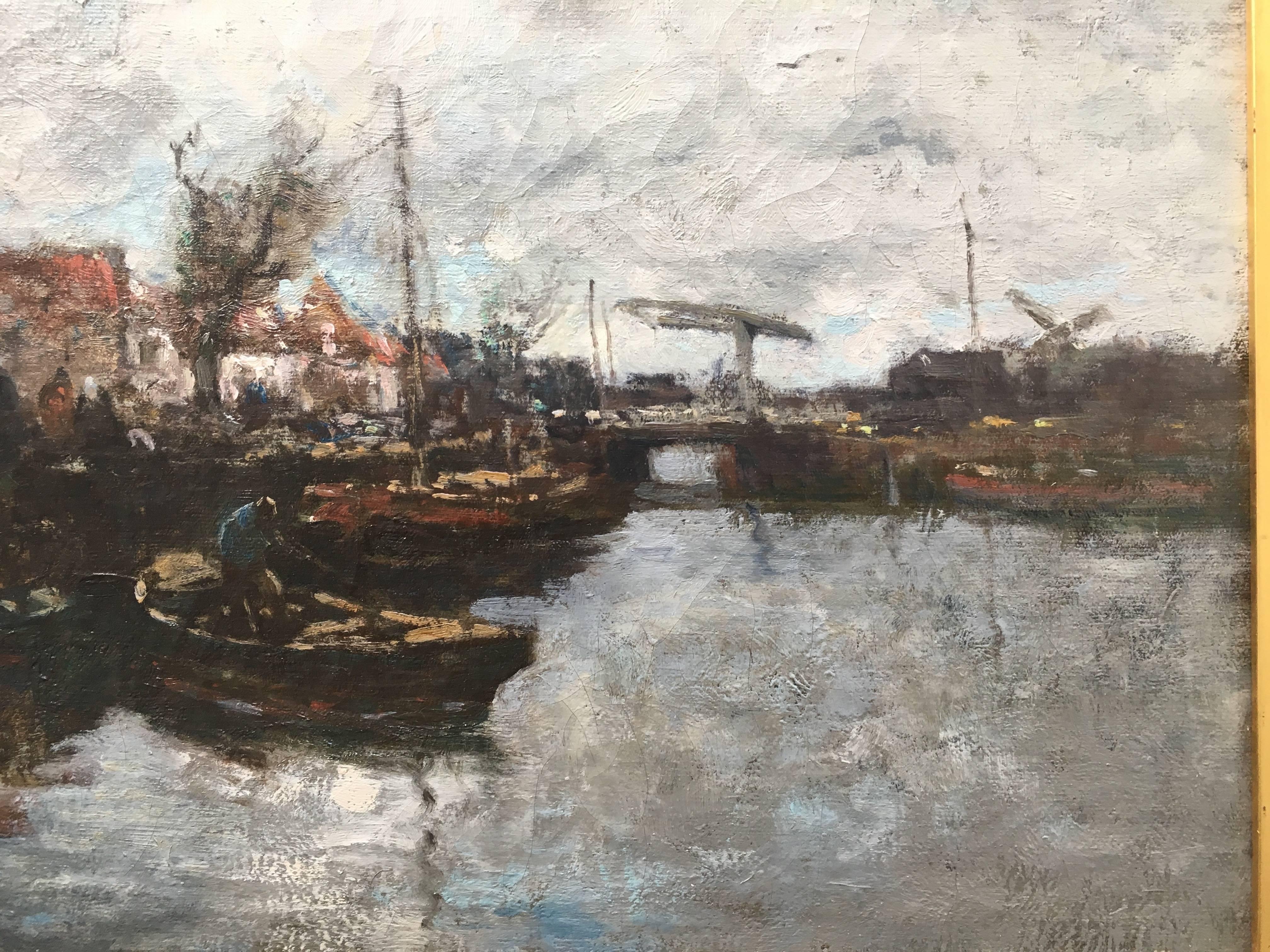 Boats in the Harbor - Brown Landscape Painting by William Ritschel