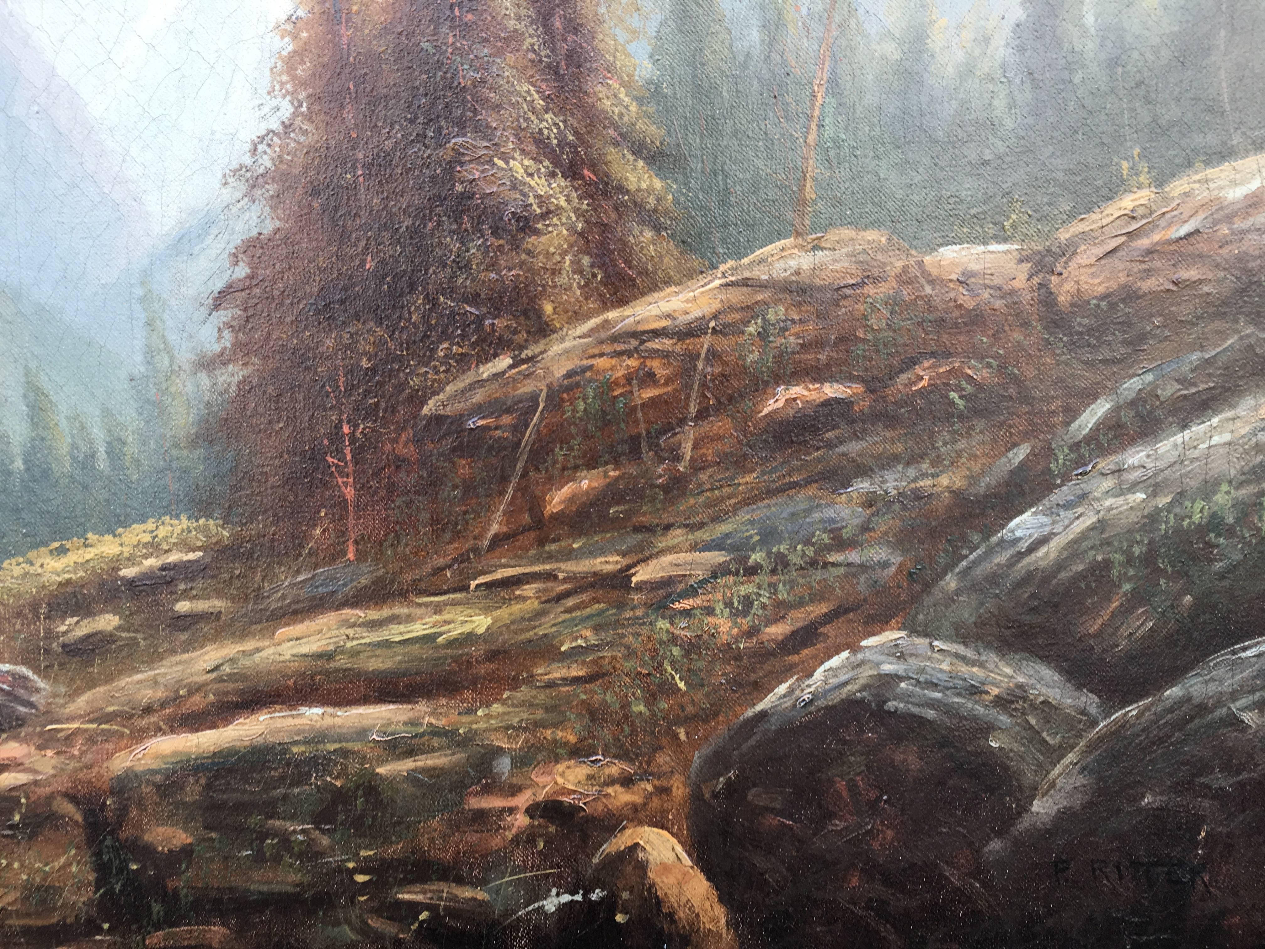 Yosemite Scene with Waterfall (Braun), Landscape Painting, von Paul Ritter