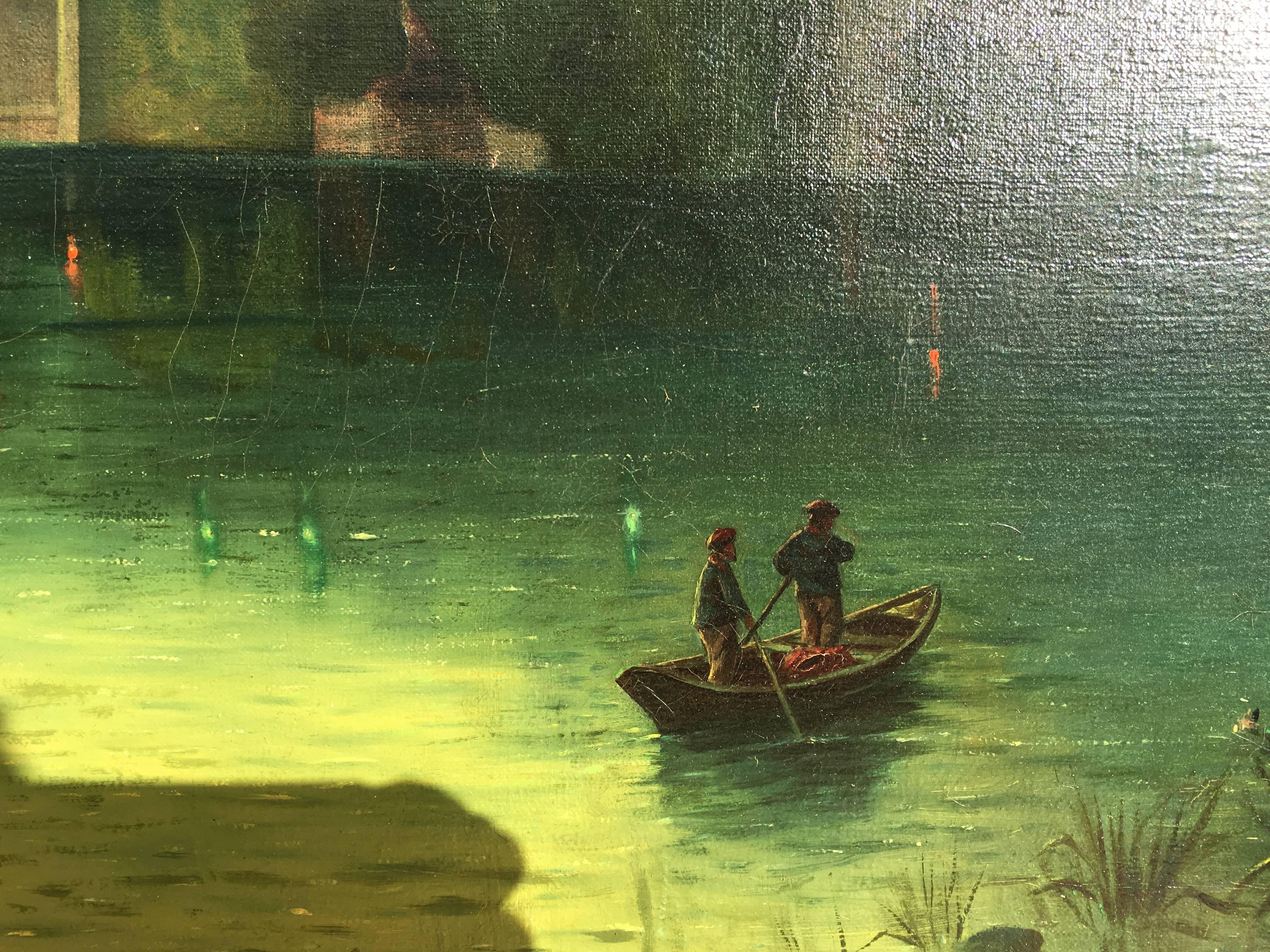 Palace of the Legion of Honor (Lagoon Night Time Scene with Small Boats) - Brown Landscape Painting by Ella Tanner Smith